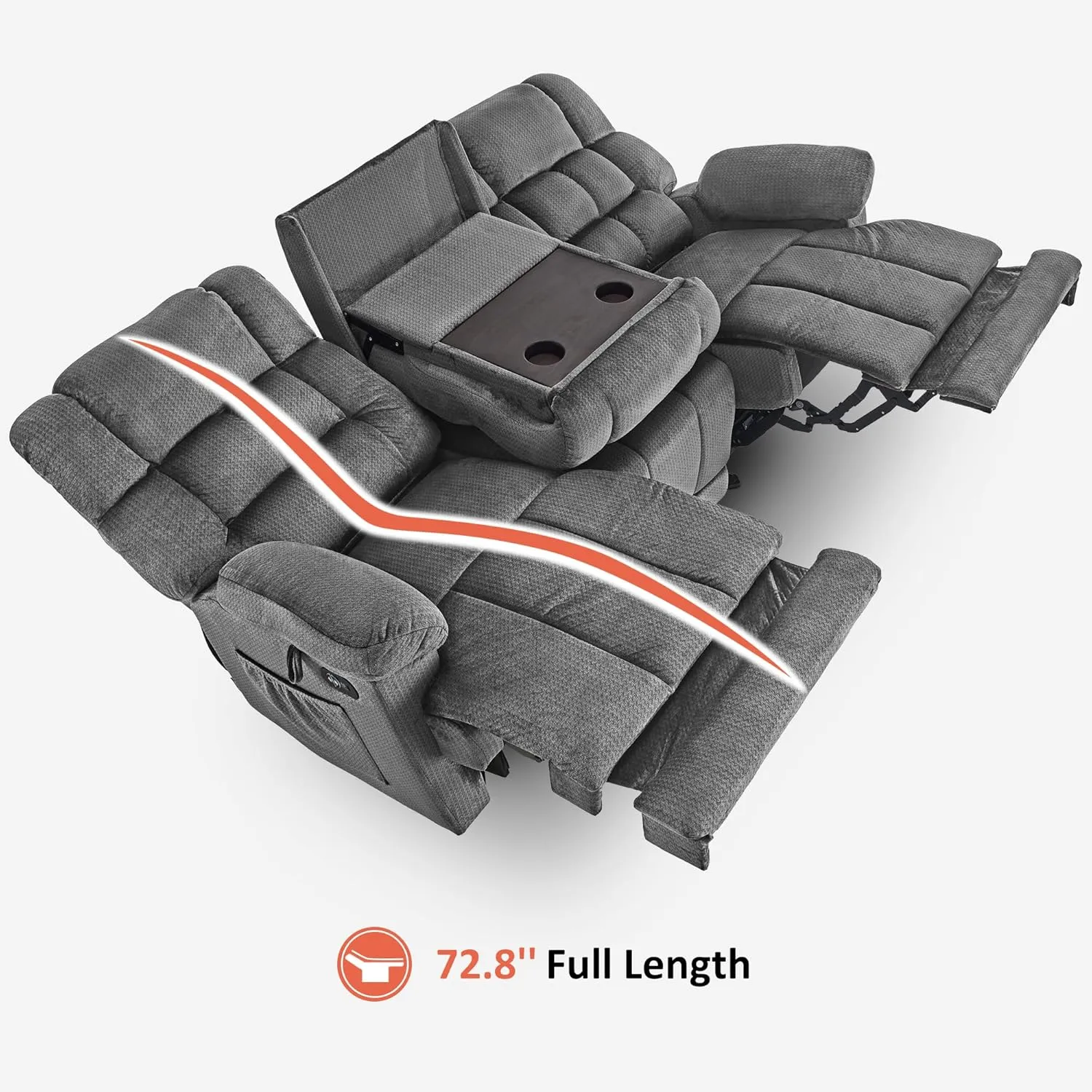 MCombo Power Reclining Sofa with Drop Down Table, Heat and Massage, USB Ports, 3 Seat Dual Recliner Couch for Living Room RS6236 (Grey, Sofa with Drop Down Table)