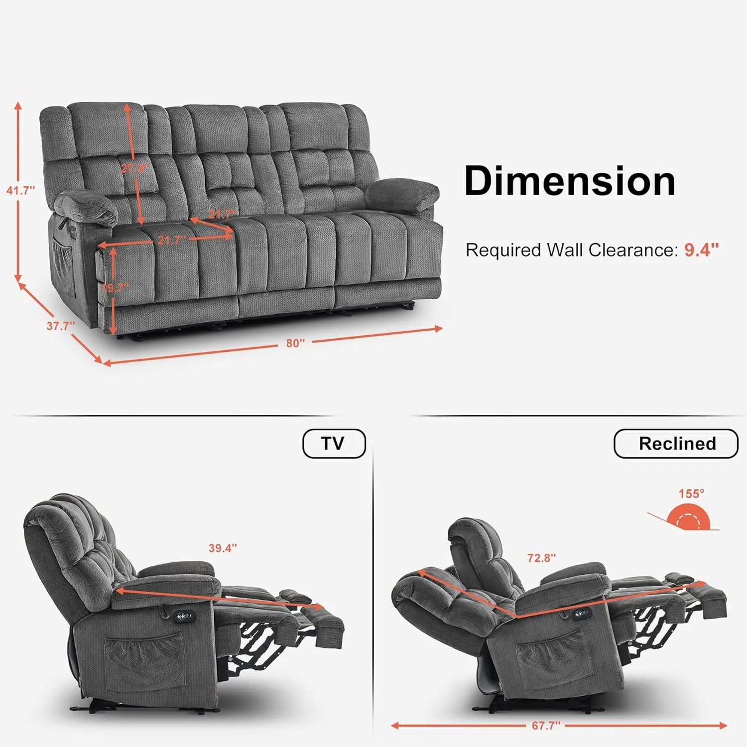 MCombo Power Reclining Sofa with Drop Down Table, Heat and Massage, USB Ports, 3 Seat Dual Recliner Couch for Living Room RS6236 (Grey, Sofa with Drop Down Table)