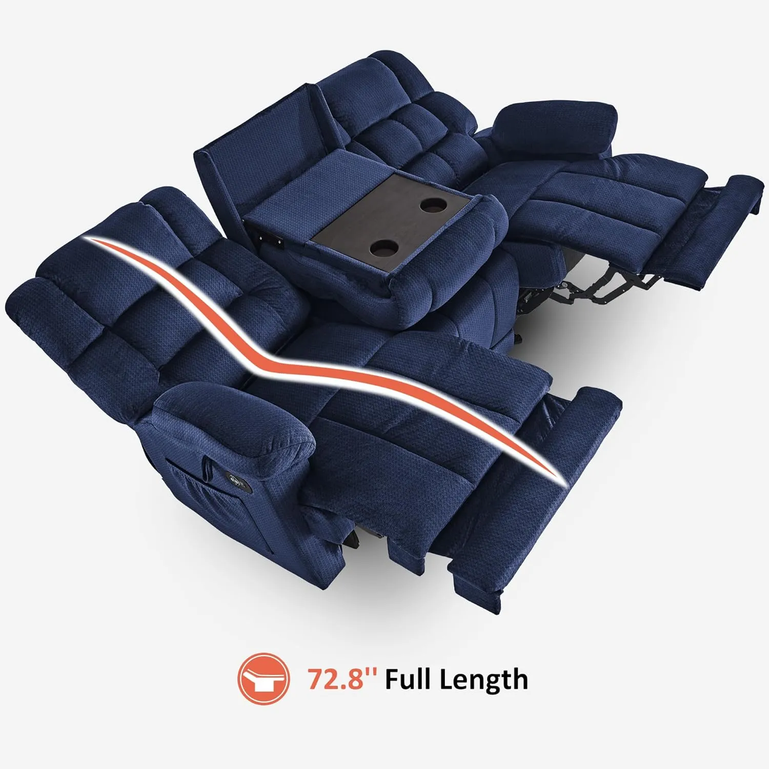 MCombo Power Reclining Sofa with Drop Down Table, Heat and Massage, USB Ports, 3 Seat Dual Recliner Couch for Living Room RS6236 (Navy Blue, Sofa with Drop Down Table)