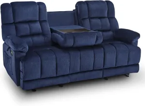 MCombo Power Reclining Sofa with Drop Down Table, Heat and Massage, USB Ports, 3 Seat Dual Recliner Couch for Living Room RS6236 (Navy Blue, Sofa with Drop Down Table)