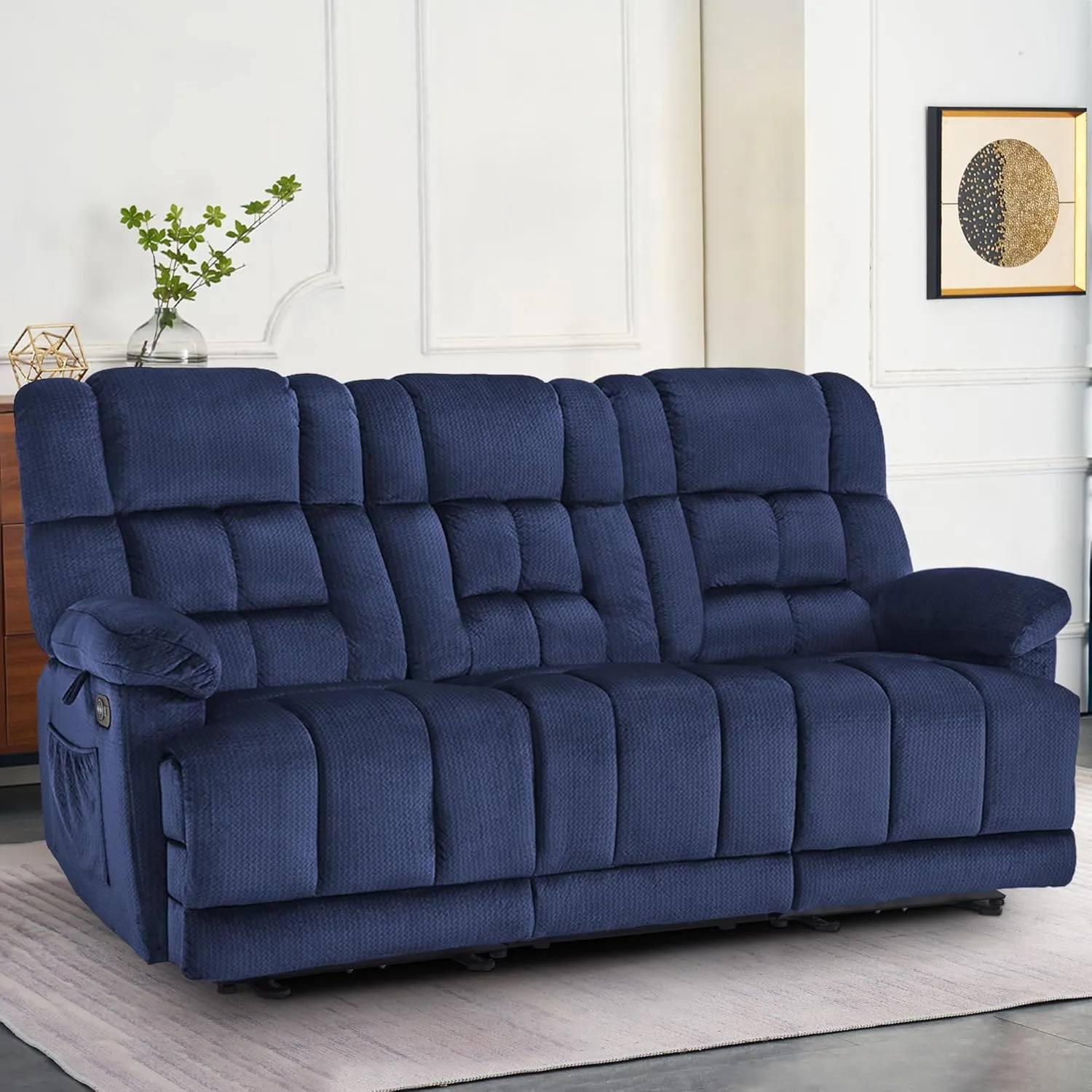 MCombo Power Reclining Sofa with Drop Down Table, Heat and Massage, USB Ports, 3 Seat Dual Recliner Couch for Living Room RS6236 (Navy Blue, Sofa with Drop Down Table)