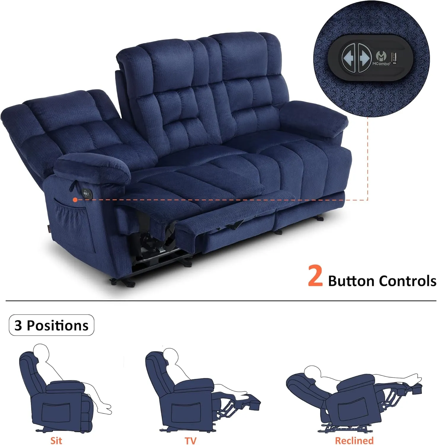 MCombo Power Reclining Sofa with Drop Down Table, Heat and Massage, USB Ports, 3 Seat Dual Recliner Couch for Living Room RS6236 (Navy Blue, Sofa with Drop Down Table)