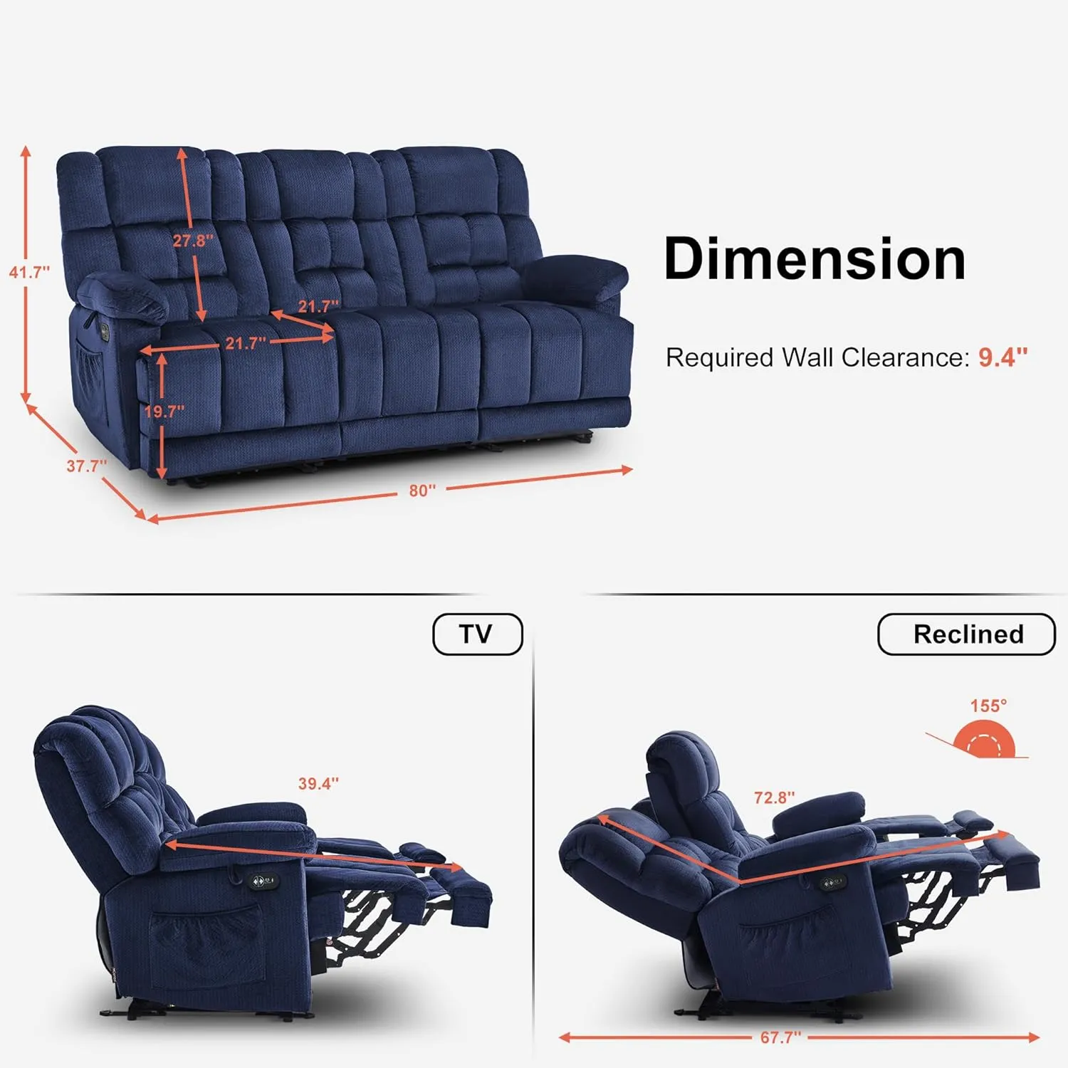 MCombo Power Reclining Sofa with Drop Down Table, Heat and Massage, USB Ports, 3 Seat Dual Recliner Couch for Living Room RS6236 (Navy Blue, Sofa with Drop Down Table)