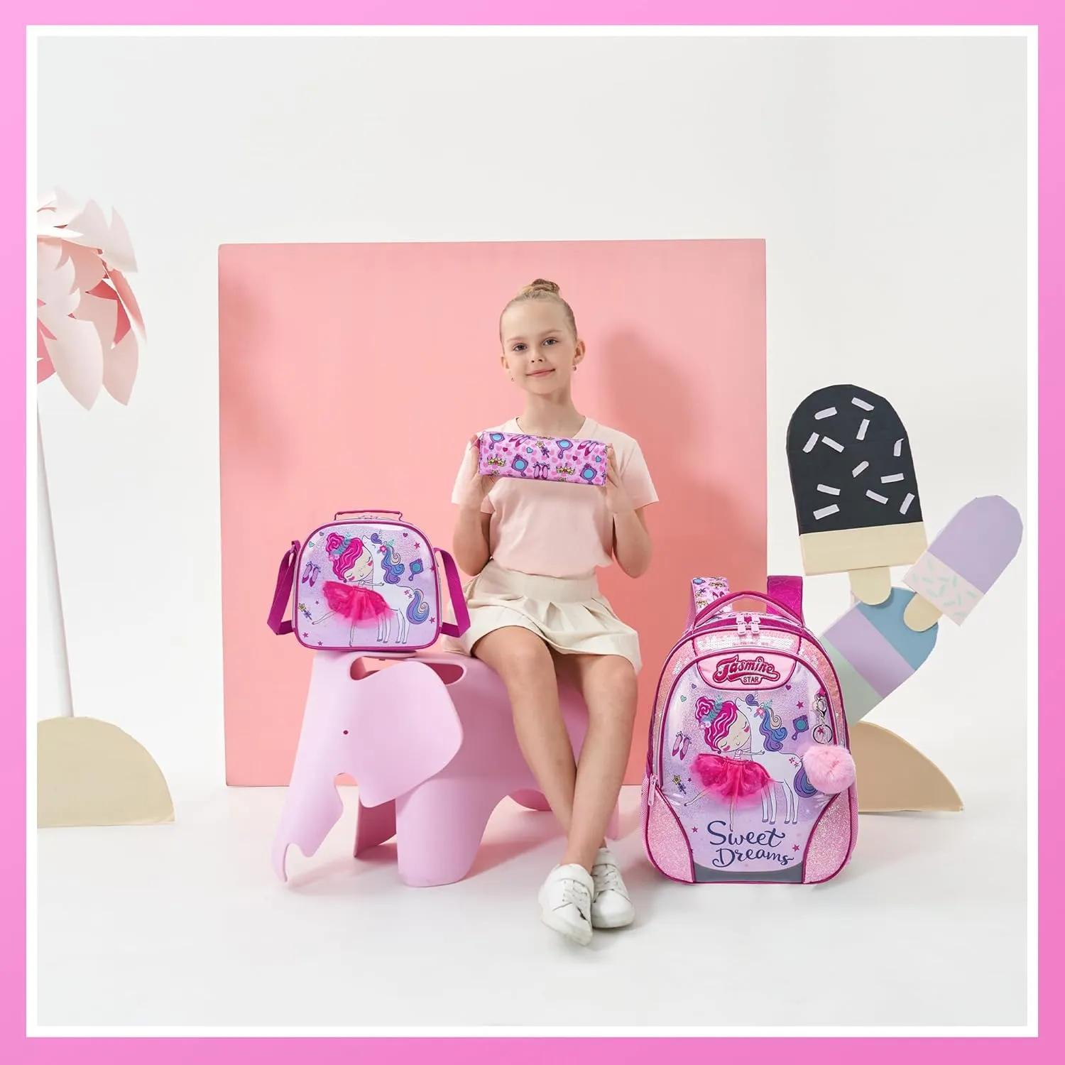 Meetbelify Backpacks for Girls School Bag Cute Girls Backpacks Ages 8-10 with Lunch Box Pencil Case Kids Bookbag Set Travel Backpack for Elementary Students Backpack to School Supplies