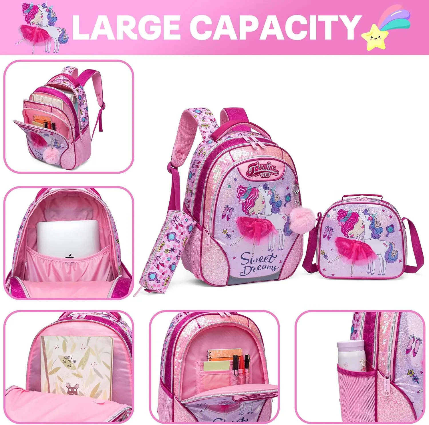 Meetbelify Backpacks for Girls School Bag Cute Girls Backpacks Ages 8-10 with Lunch Box Pencil Case Kids Bookbag Set Travel Backpack for Elementary Students Backpack to School Supplies