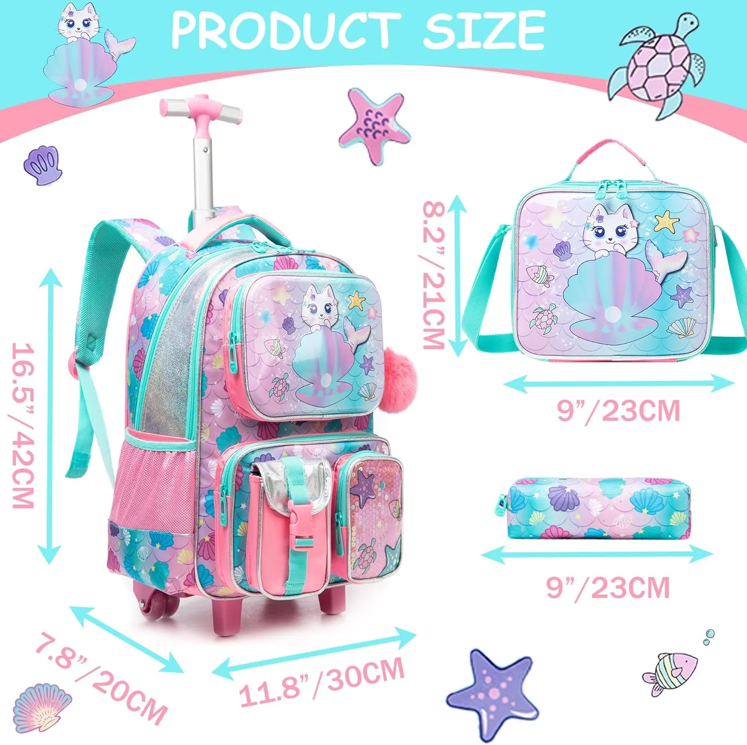 Meetbelify Cute Cat Rolling Backpack with Wheels for Girls Rolling Backpacks with Lunch Box for Elementary School Students 3 in 1 Kids Travel Luggage Suitcase for Girls Age 8-10