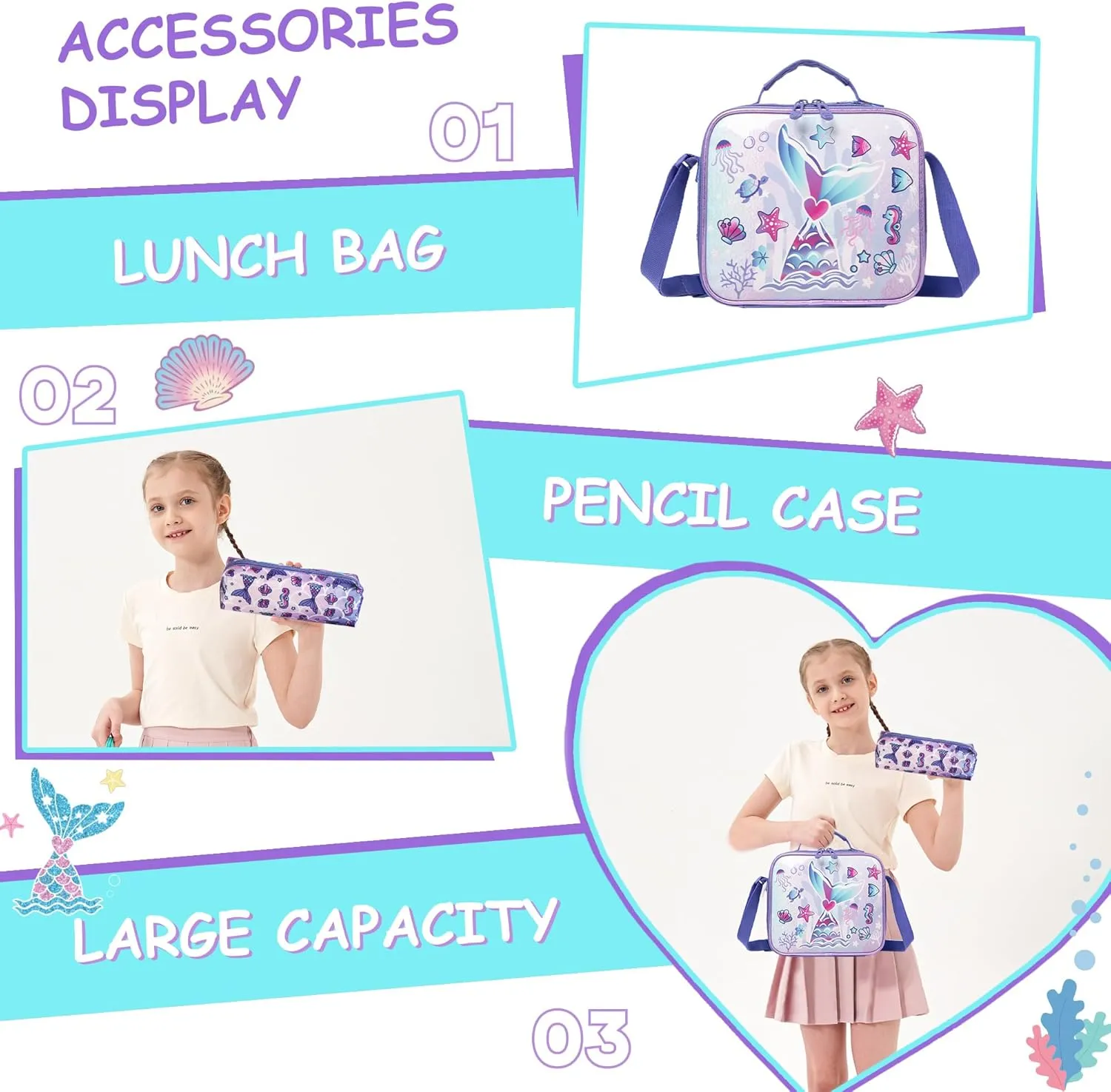 Meetbelify Mermaid Backpacks for Girls Cute School Backpacks for Elementary Students Ages 8-10 Kids Aesthetic Travel Backpack Large Capacity Laptop Bookbag with Lunch Box 3 in 1 Backpack Set for Girls