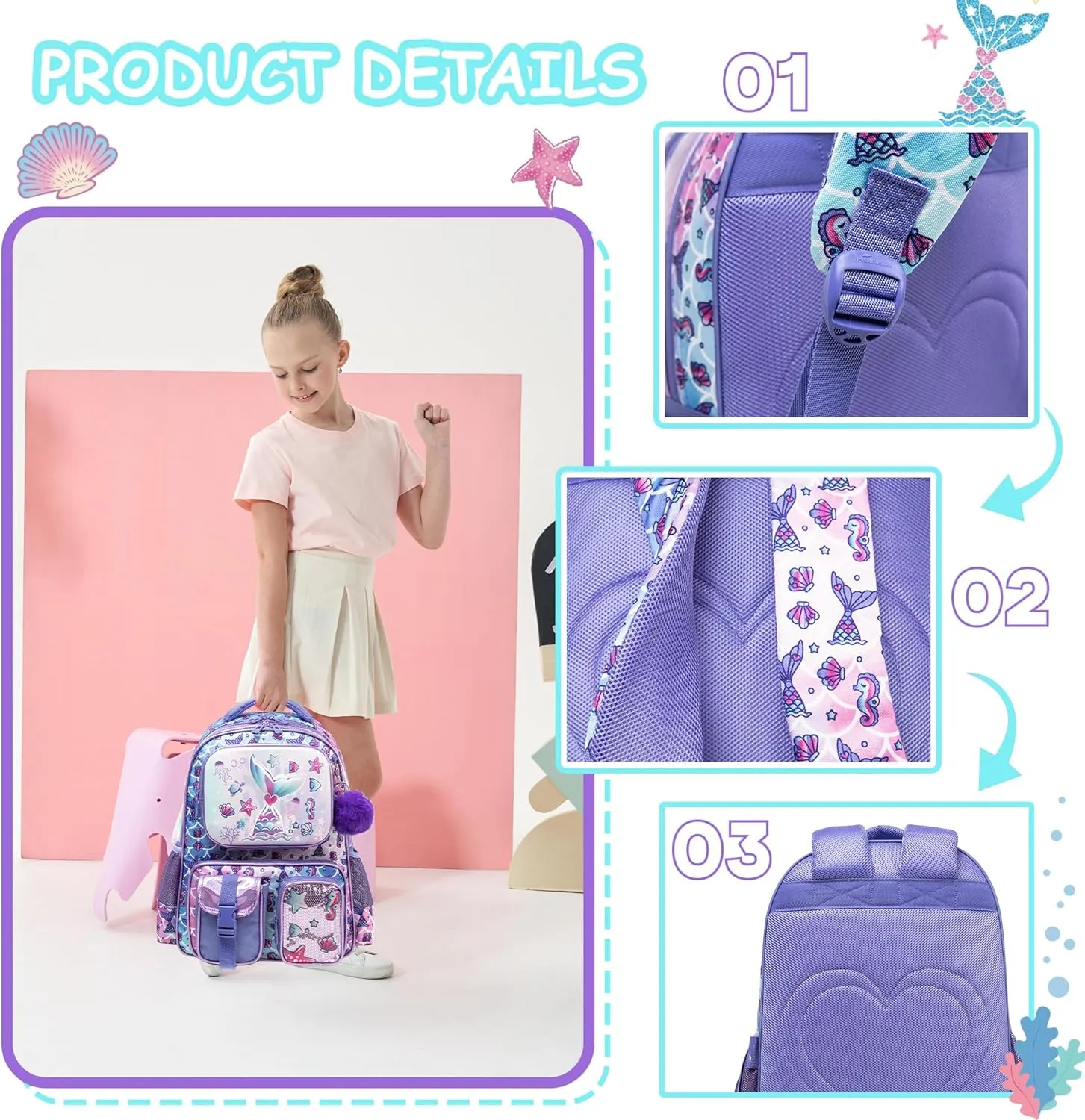 Meetbelify Mermaid Backpacks for Girls Cute School Backpacks for Elementary Students Ages 8-10 Kids Aesthetic Travel Backpack Large Capacity Laptop Bookbag with Lunch Box 3 in 1 Backpack Set for Girls