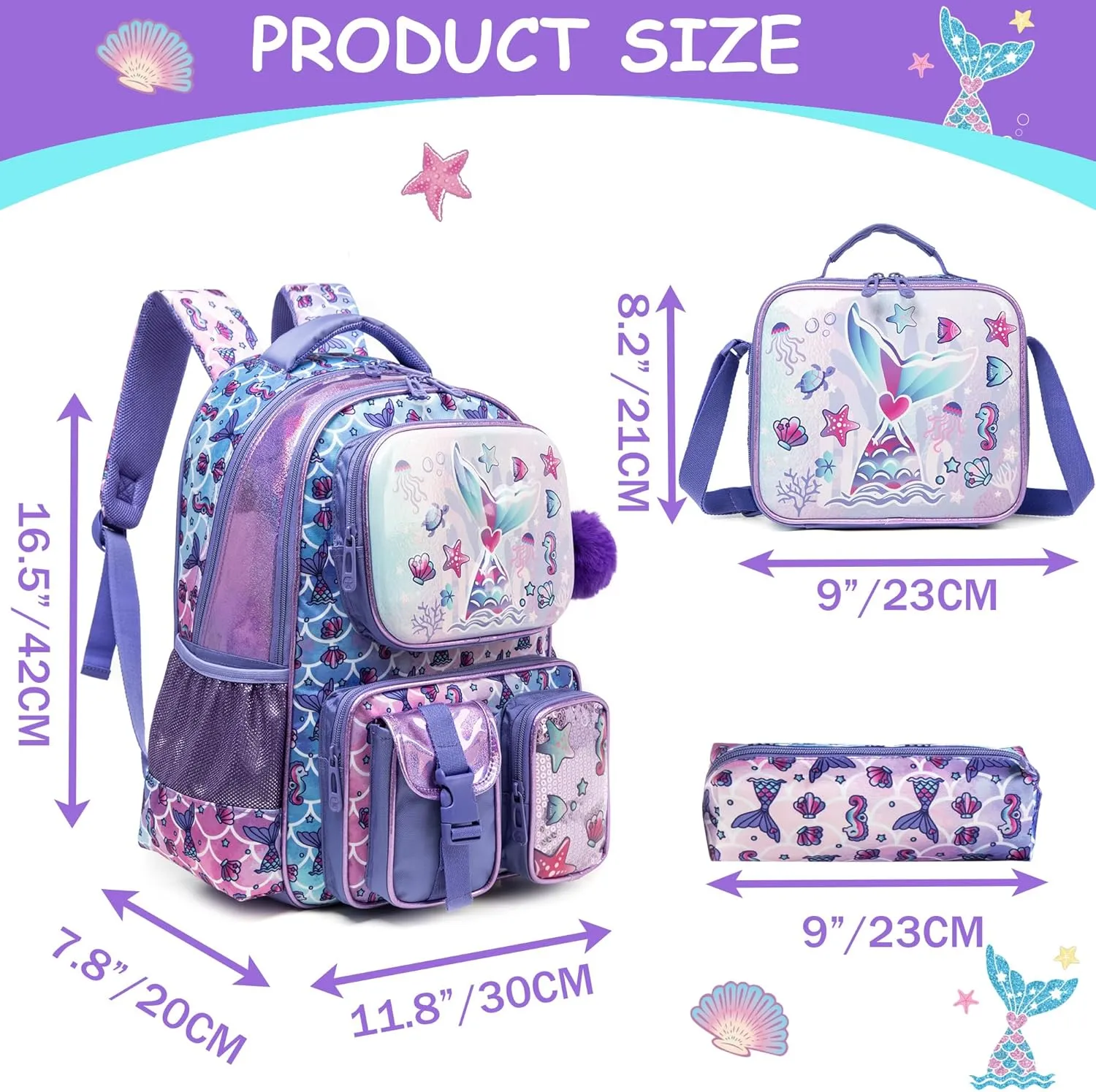 Meetbelify Mermaid Backpacks for Girls Cute School Backpacks for Elementary Students Ages 8-10 Kids Aesthetic Travel Backpack Large Capacity Laptop Bookbag with Lunch Box 3 in 1 Backpack Set for Girls