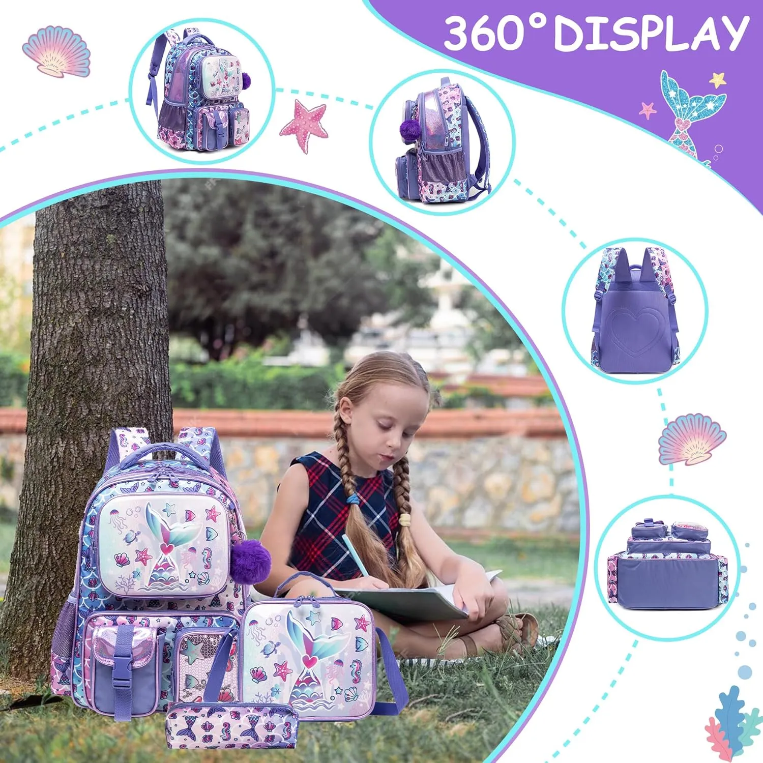 Meetbelify Mermaid Backpacks for Girls Cute School Backpacks for Elementary Students Ages 8-10 Kids Aesthetic Travel Backpack Large Capacity Laptop Bookbag with Lunch Box 3 in 1 Backpack Set for Girls