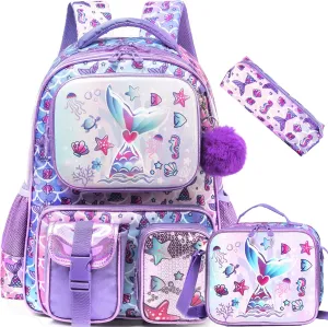 Meetbelify Mermaid Backpacks for Girls Cute School Backpacks for Elementary Students Ages 8-10 Kids Aesthetic Travel Backpack Large Capacity Laptop Bookbag with Lunch Box 3 in 1 Backpack Set for Girls