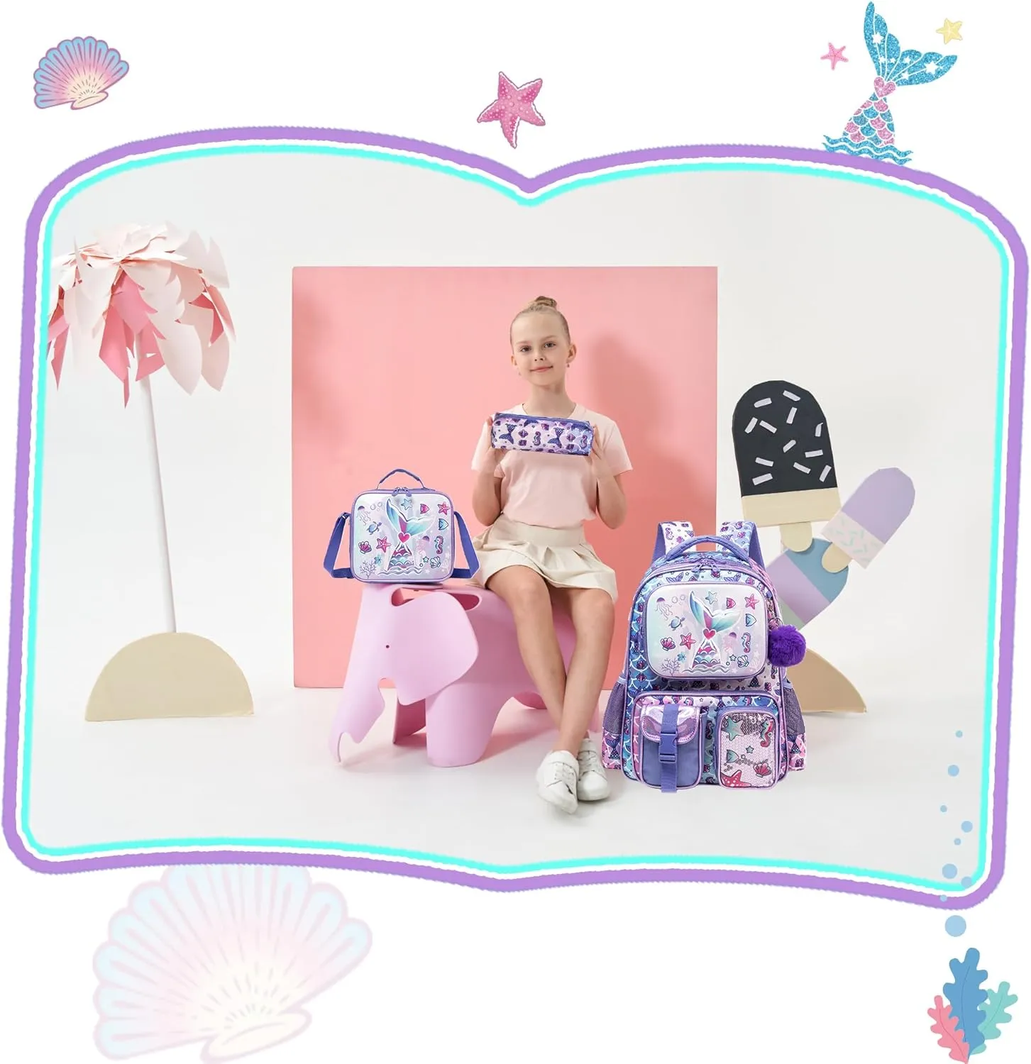 Meetbelify Mermaid Backpacks for Girls Cute School Backpacks for Elementary Students Ages 8-10 Kids Aesthetic Travel Backpack Large Capacity Laptop Bookbag with Lunch Box 3 in 1 Backpack Set for Girls