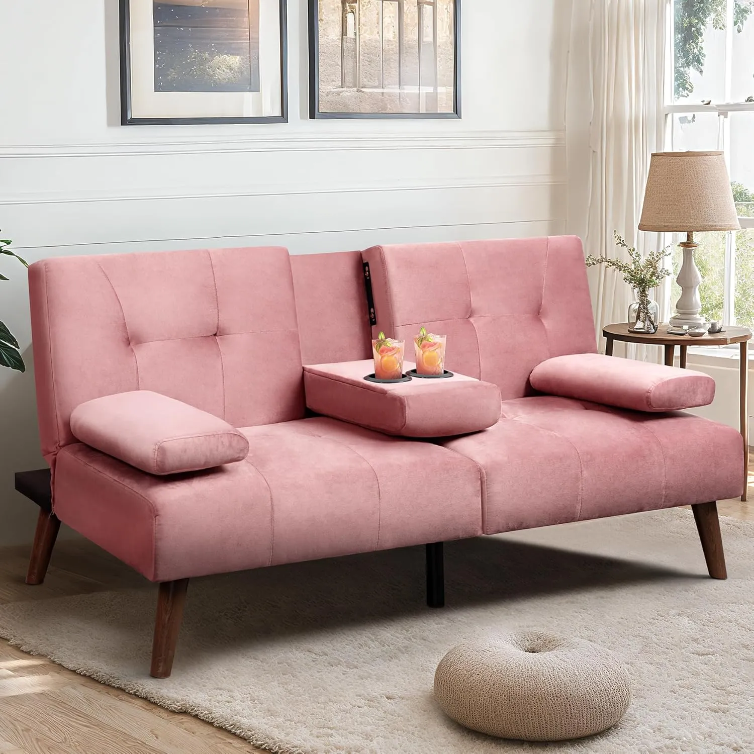 Meilocar Futon Sofa Bed, Loveseat Futon Sofa with Removable Armrests, Convertible Couch for Small Space, Adjustable Back, Cup Holders, 3 Angles, Pink