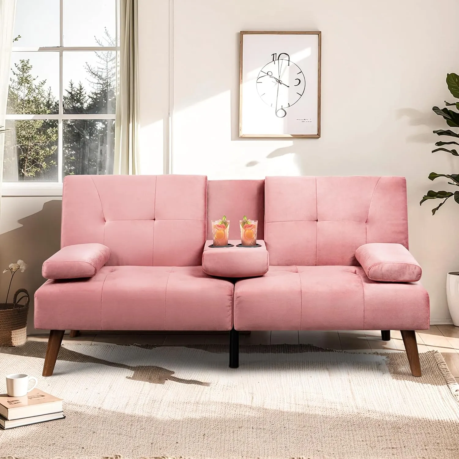 Meilocar Futon Sofa Bed, Loveseat Futon Sofa with Removable Armrests, Convertible Couch for Small Space, Adjustable Back, Cup Holders, 3 Angles, Pink