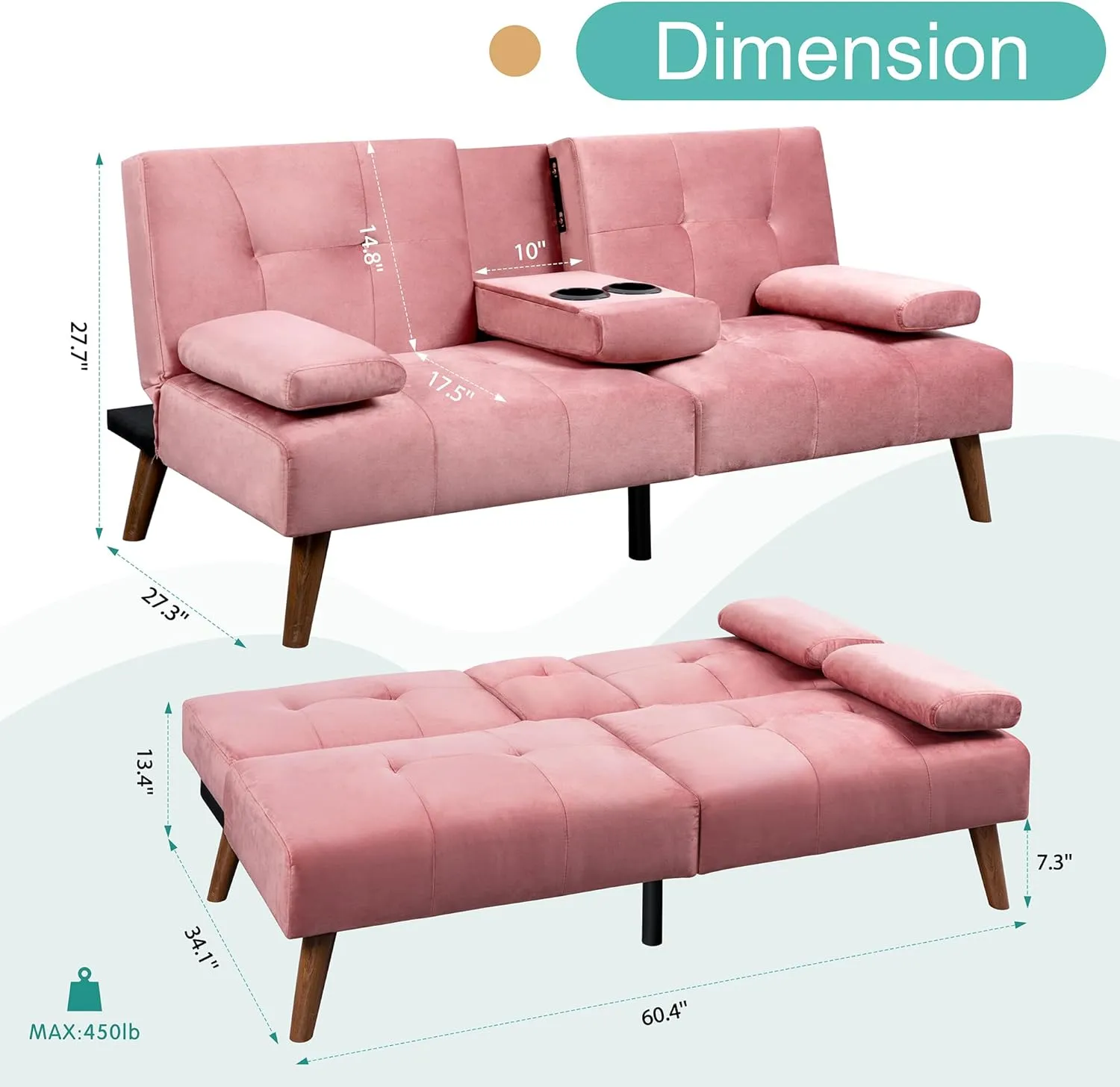 Meilocar Futon Sofa Bed, Loveseat Futon Sofa with Removable Armrests, Convertible Couch for Small Space, Adjustable Back, Cup Holders, 3 Angles, Pink