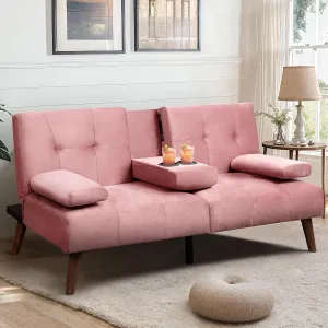 Meilocar Futon Sofa Bed, Loveseat Futon Sofa with Removable Armrests, Convertible Couch for Small Space, Adjustable Back, Cup Holders, 3 Angles, Pink