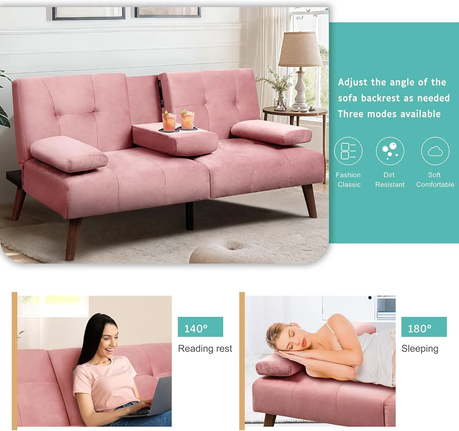 Meilocar Futon Sofa Bed, Loveseat Futon Sofa with Removable Armrests, Convertible Couch for Small Space, Adjustable Back, Cup Holders, 3 Angles, Pink
