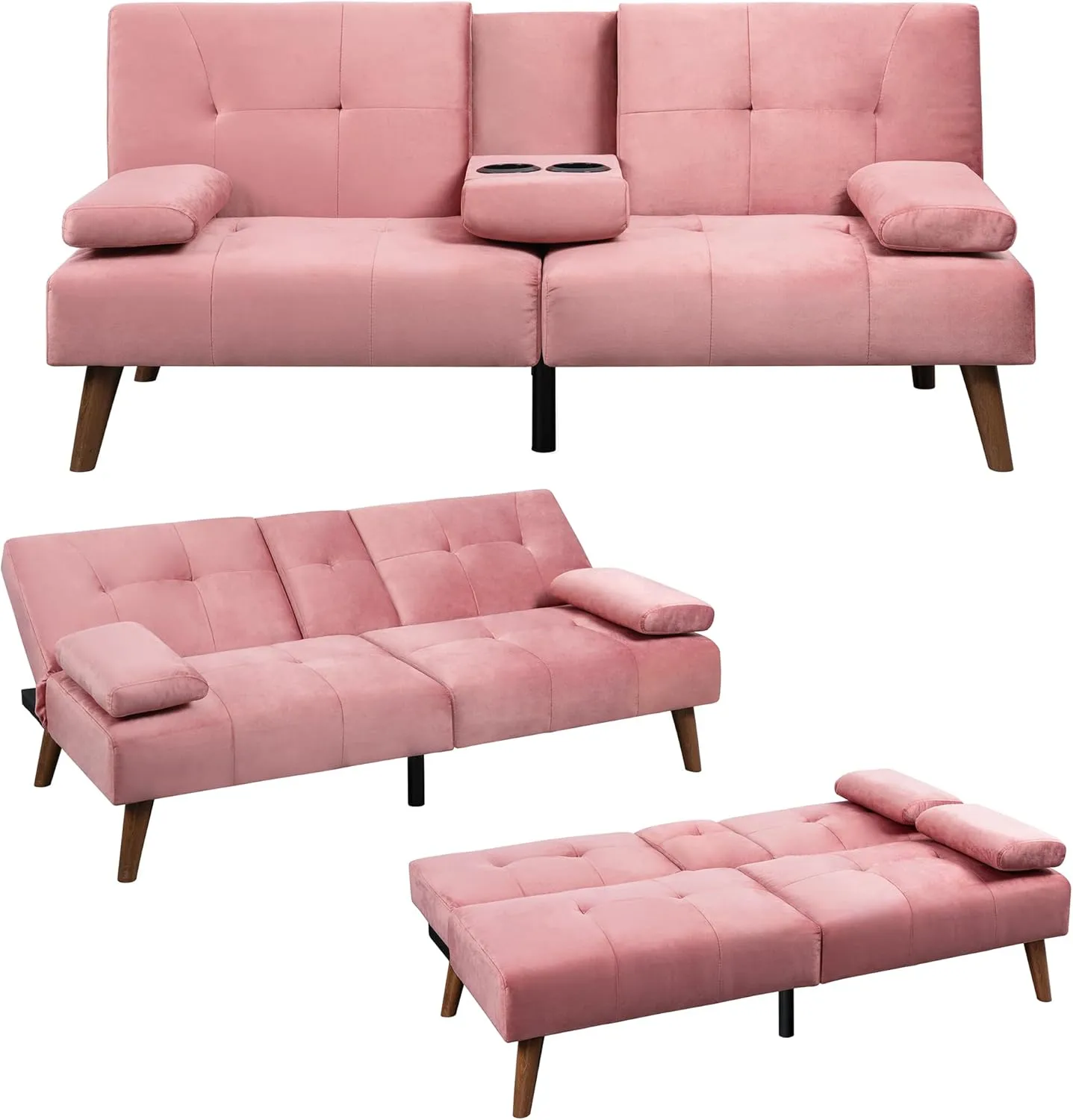 Meilocar Futon Sofa Bed, Loveseat Futon Sofa with Removable Armrests, Convertible Couch for Small Space, Adjustable Back, Cup Holders, 3 Angles, Pink