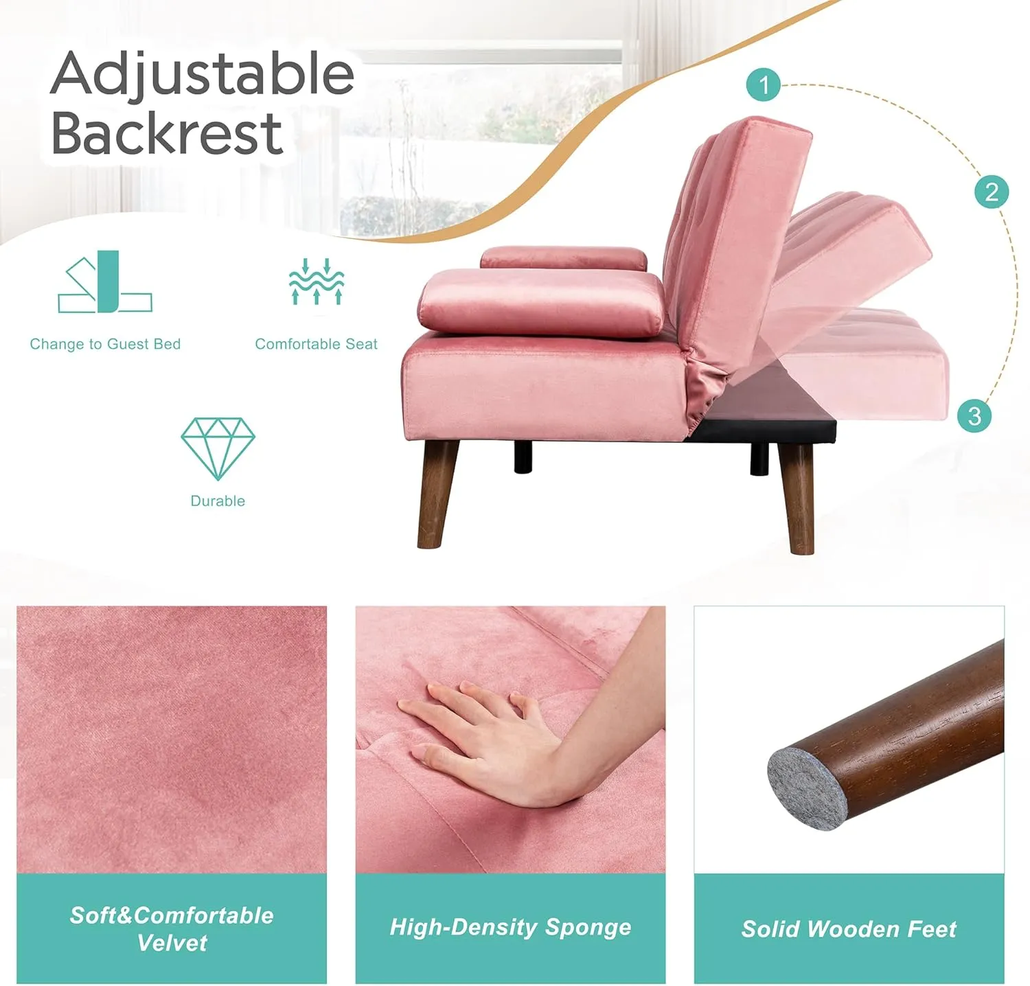 Meilocar Futon Sofa Bed, Loveseat Futon Sofa with Removable Armrests, Convertible Couch for Small Space, Adjustable Back, Cup Holders, 3 Angles, Pink