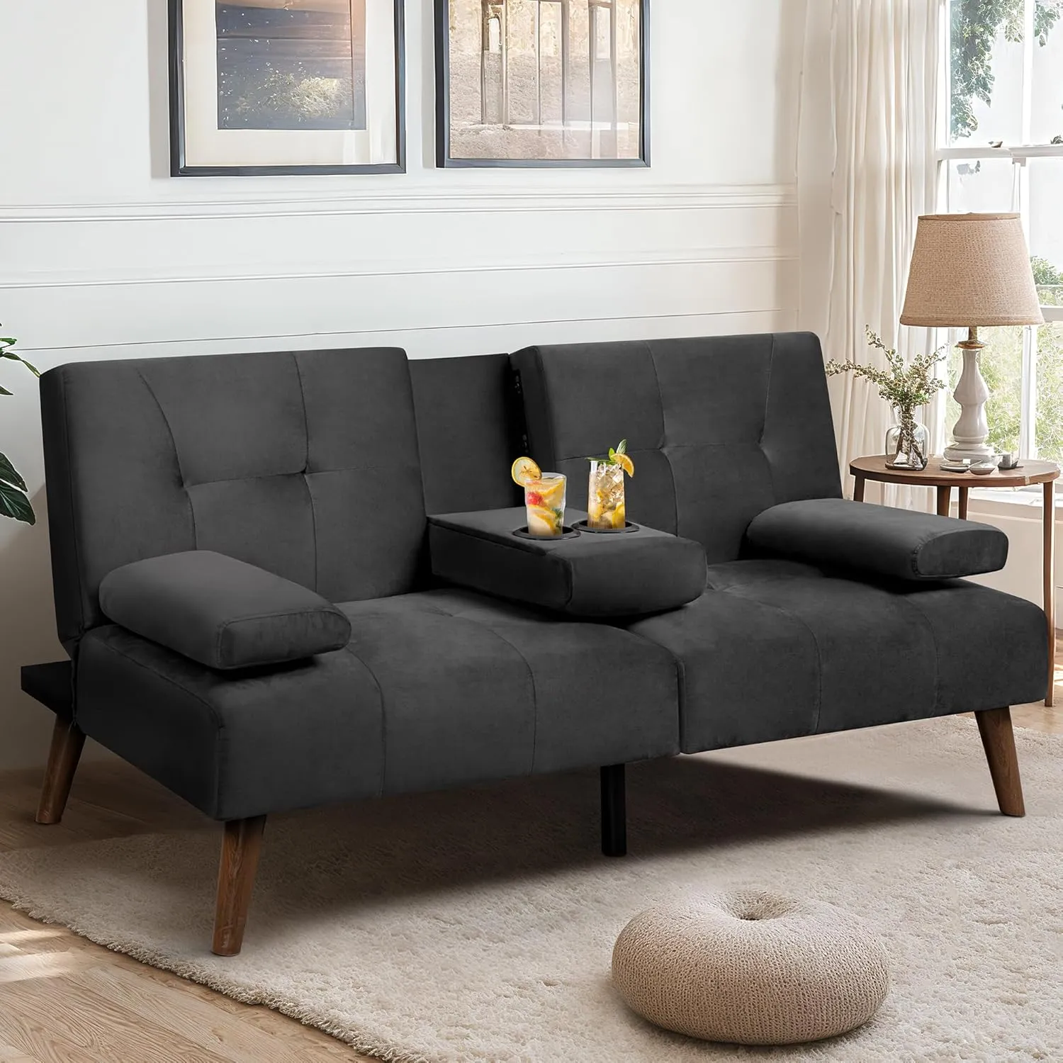 Meilocar Futon Sofa Bed Velvet, 60" Loveseat Sofa Bed with Removable Armrests, Adjustable Recliner Guest Bed Sofa for Small Space with Cup Holders, 3 Angles, Black