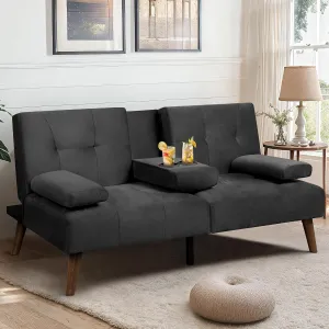 Meilocar Futon Sofa Bed Velvet, 60" Loveseat Sofa Bed with Removable Armrests, Adjustable Recliner Guest Bed Sofa for Small Space with Cup Holders, 3 Angles, Black