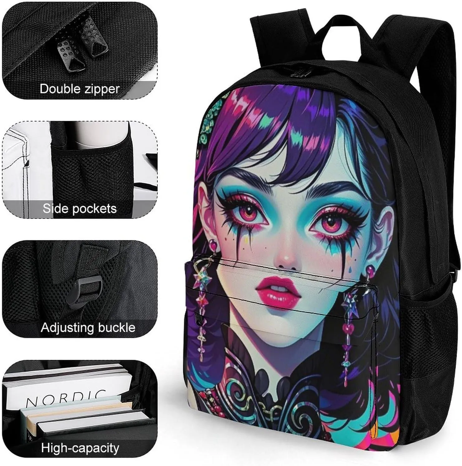 Men & Women Lightweight Cartoon Woman Women Mystical Art Casual Daypack Large Capacity Bookbag With Adjustable Shoulder Straps for Gym Business Bicycle