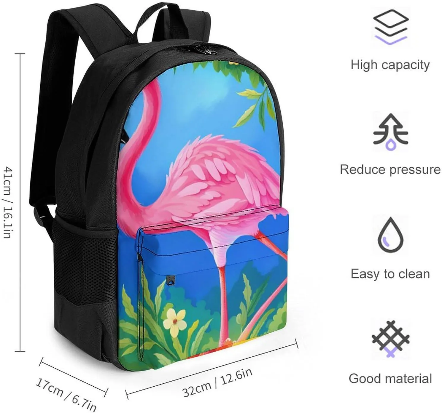Men & Women Lightweight Spring Flamingo Flowers Art Casual Daypack Large Capacity Bookbag With Adjustable Shoulder Straps for Gym Business Bicycle