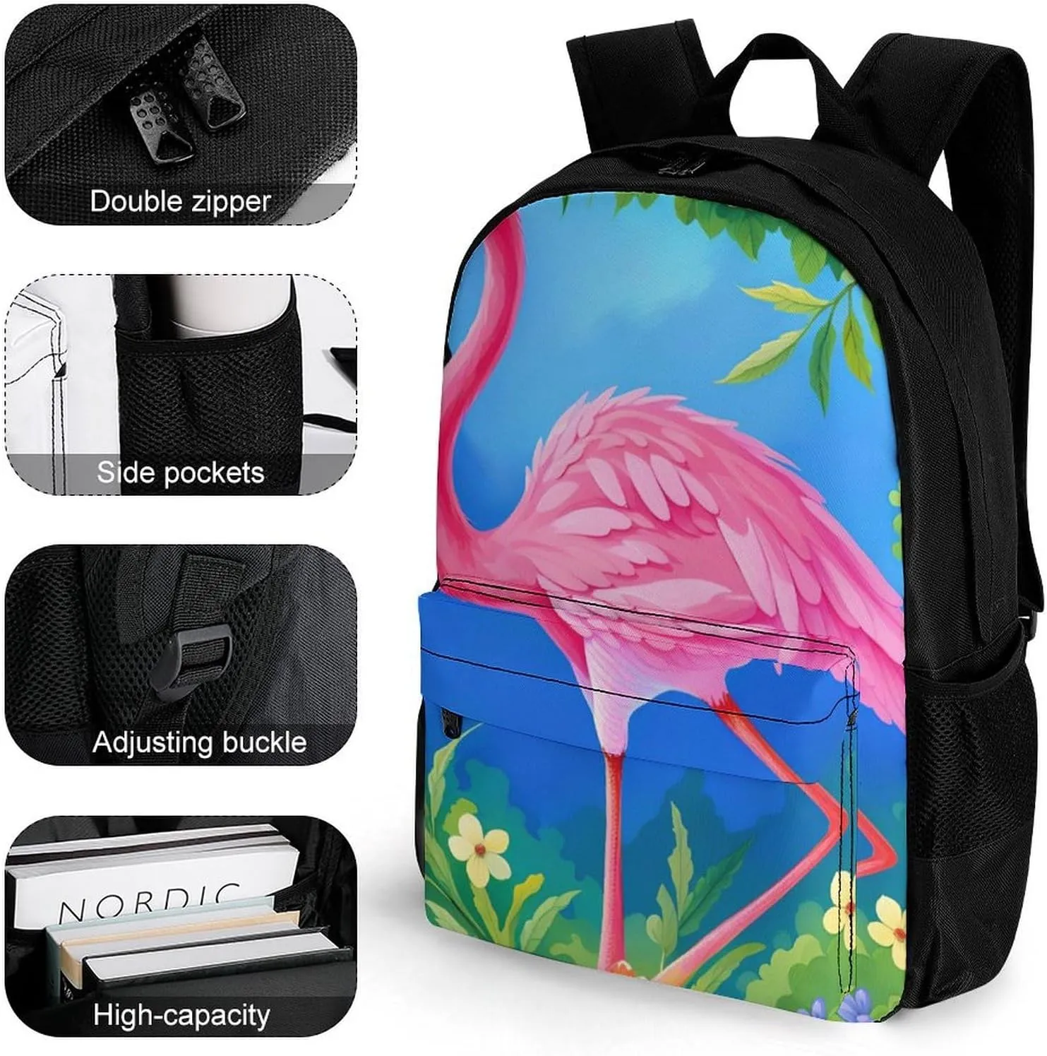 Men & Women Lightweight Spring Flamingo Flowers Art Casual Daypack Large Capacity Bookbag With Adjustable Shoulder Straps for Gym Business Bicycle