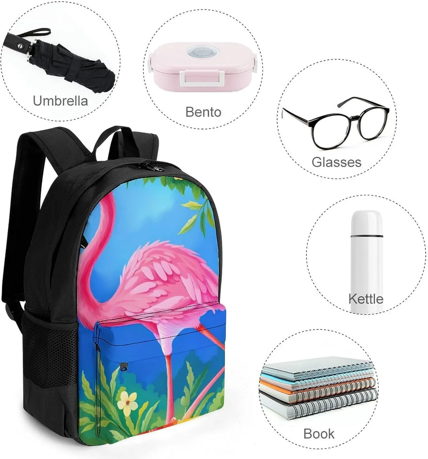Men & Women Lightweight Spring Flamingo Flowers Art Casual Daypack Large Capacity Bookbag With Adjustable Shoulder Straps for Gym Business Bicycle