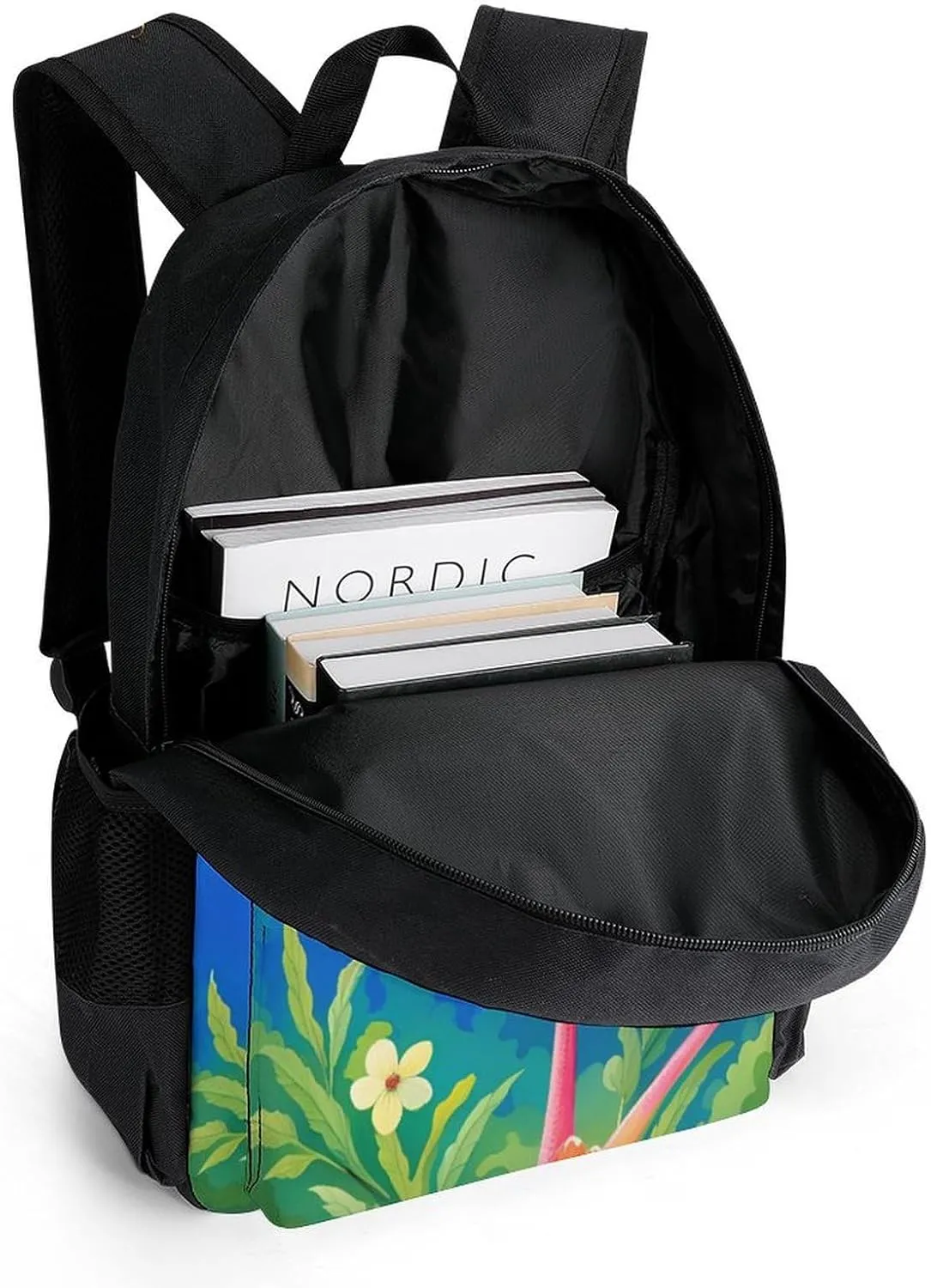 Men & Women Lightweight Spring Flamingo Flowers Art Casual Daypack Large Capacity Bookbag With Adjustable Shoulder Straps for Gym Business Bicycle