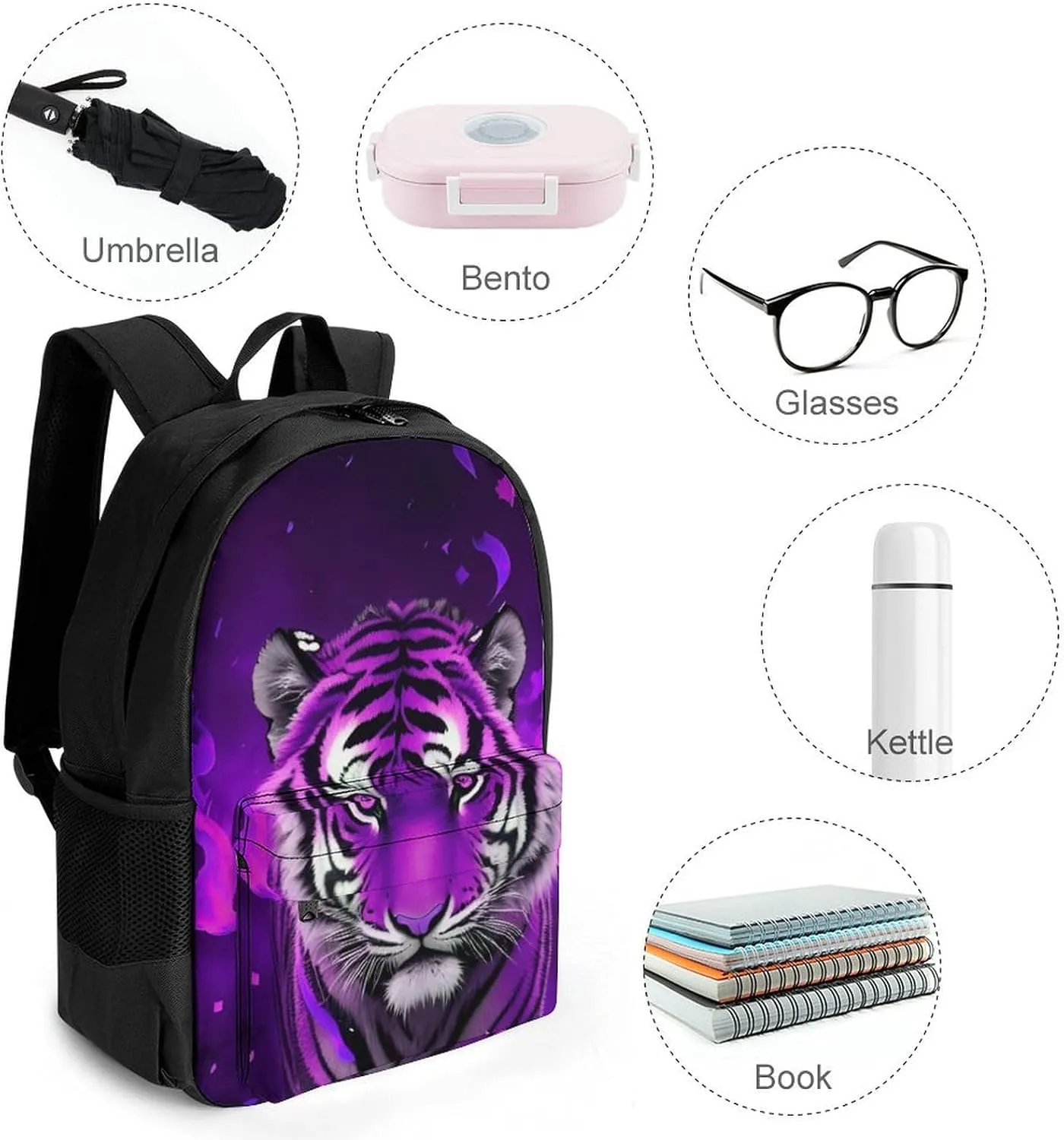 Men & Women Lightweight Wild And Angry Tiger Fire Flame Brave Mammal King Roar Art Casual Daypack Large Capacity Bookbag With Adjustable Shoulder Straps for Gym Business Bicycle