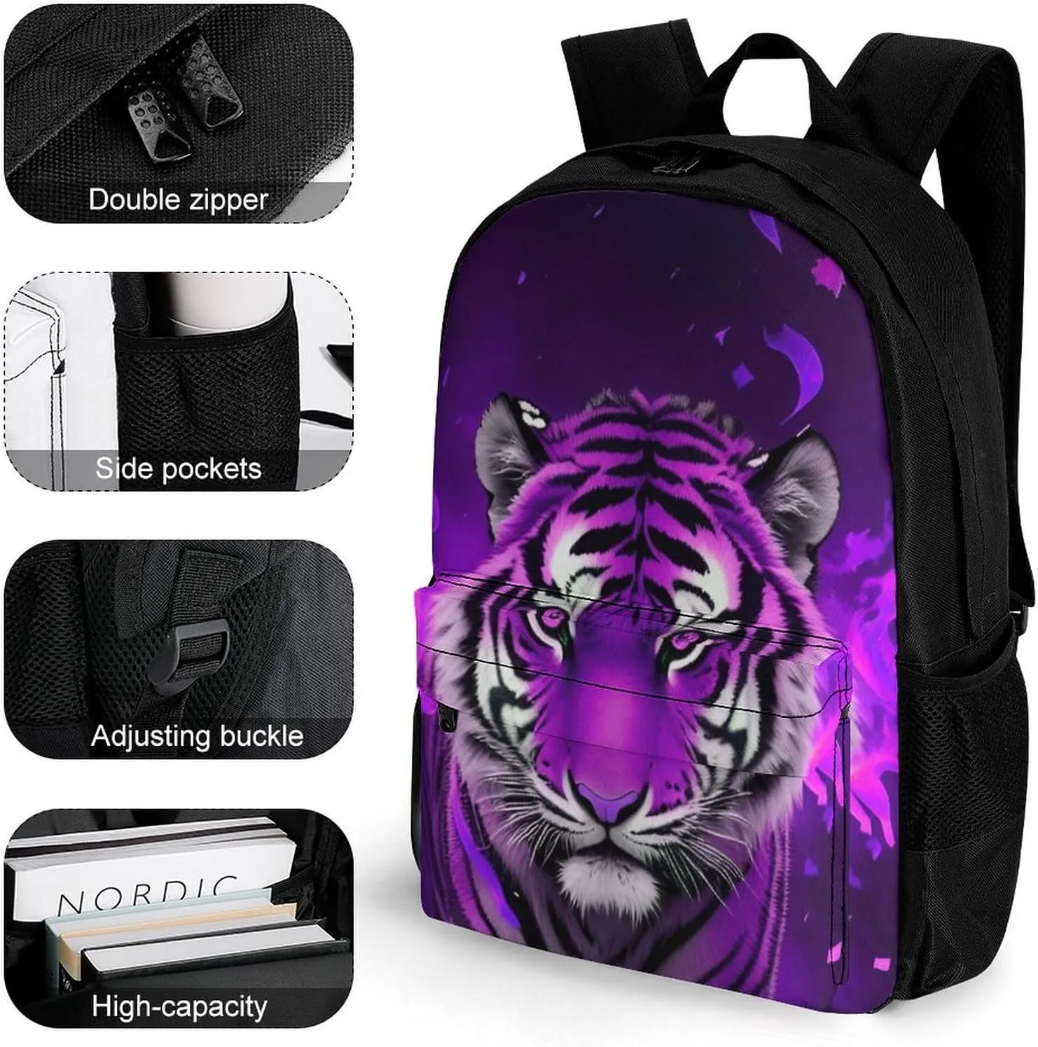 Men & Women Lightweight Wild And Angry Tiger Fire Flame Brave Mammal King Roar Art Casual Daypack Large Capacity Bookbag With Adjustable Shoulder Straps for Gym Business Bicycle