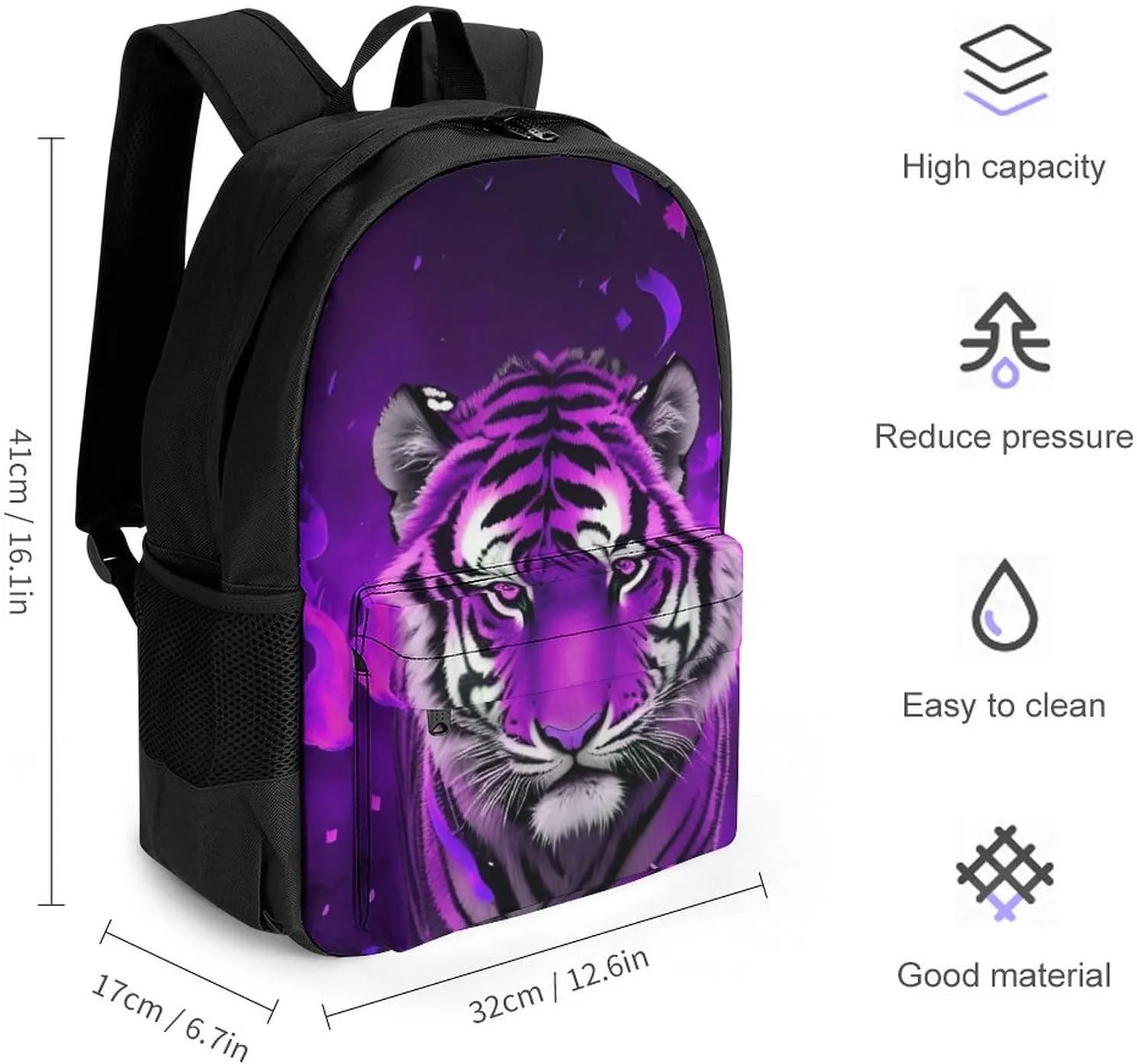 Men & Women Lightweight Wild And Angry Tiger Fire Flame Brave Mammal King Roar Art Casual Daypack Large Capacity Bookbag With Adjustable Shoulder Straps for Gym Business Bicycle