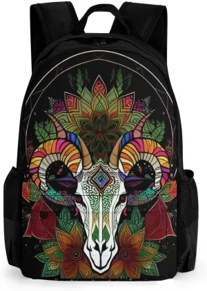 Men & Women Polyester Psychedelic Goat Skull Art Backpack Large Capacity Bookbag With Smooth Zippers for Climbing Picnic Bicycle