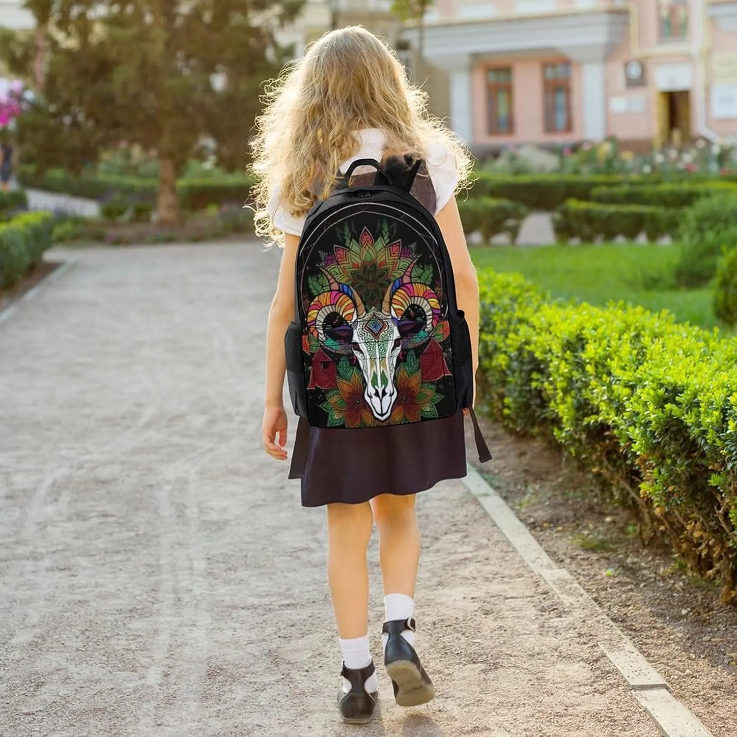 Men & Women Polyester Psychedelic Goat Skull Art Backpack Large Capacity Bookbag With Smooth Zippers for Climbing Picnic Bicycle