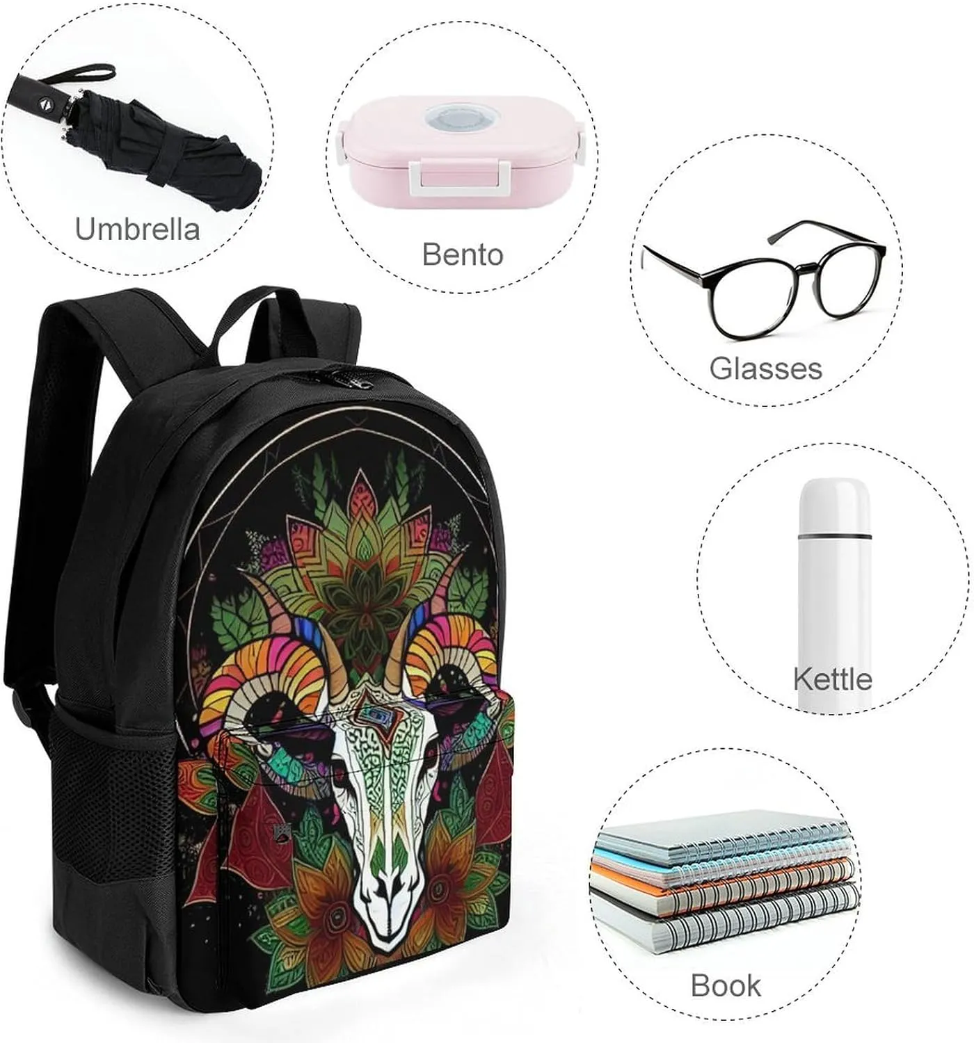Men & Women Polyester Psychedelic Goat Skull Art Backpack Large Capacity Bookbag With Smooth Zippers for Climbing Picnic Bicycle