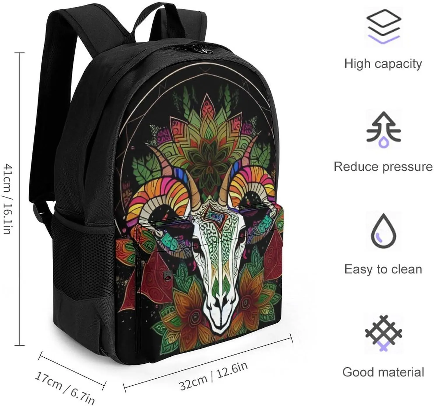 Men & Women Polyester Psychedelic Goat Skull Art Backpack Large Capacity Bookbag With Smooth Zippers for Climbing Picnic Bicycle