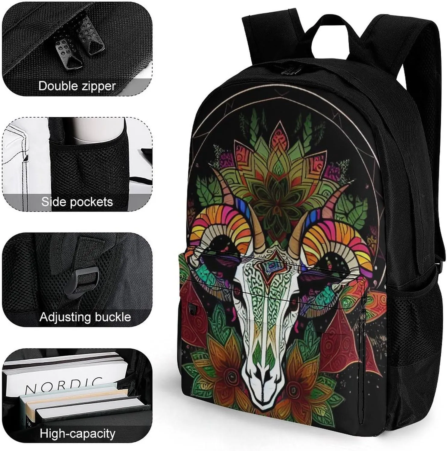 Men & Women Polyester Psychedelic Goat Skull Art Backpack Large Capacity Bookbag With Smooth Zippers for Climbing Picnic Bicycle