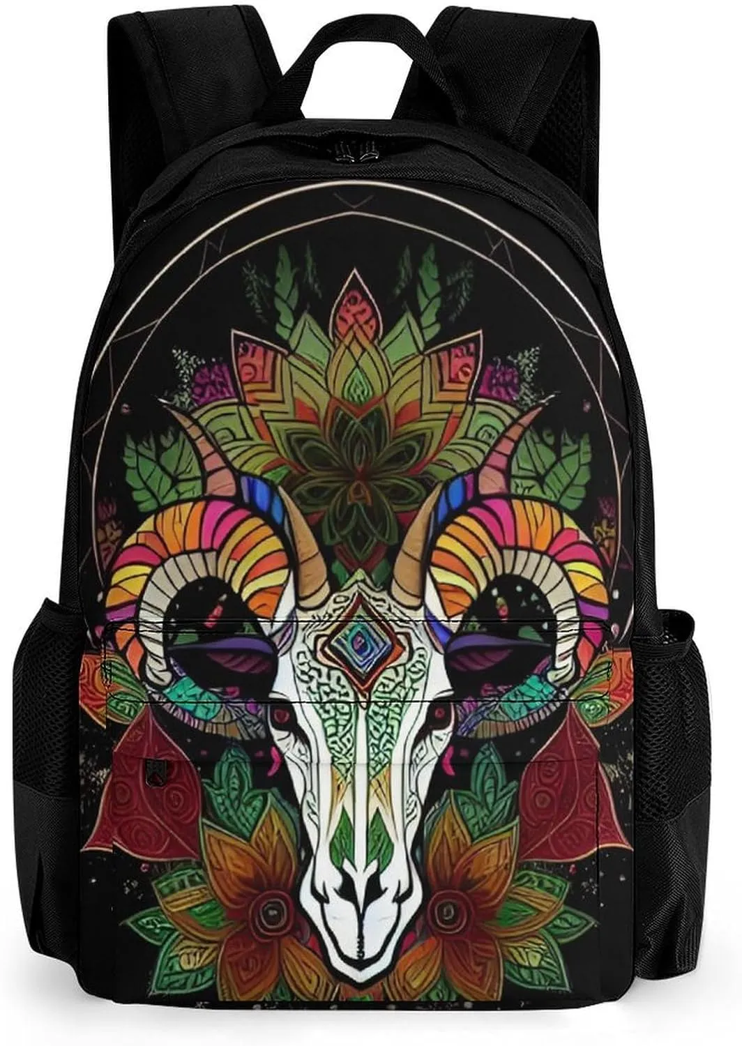 Men & Women Polyester Psychedelic Goat Skull Art Backpack Large Capacity Bookbag With Smooth Zippers for Climbing Picnic Bicycle