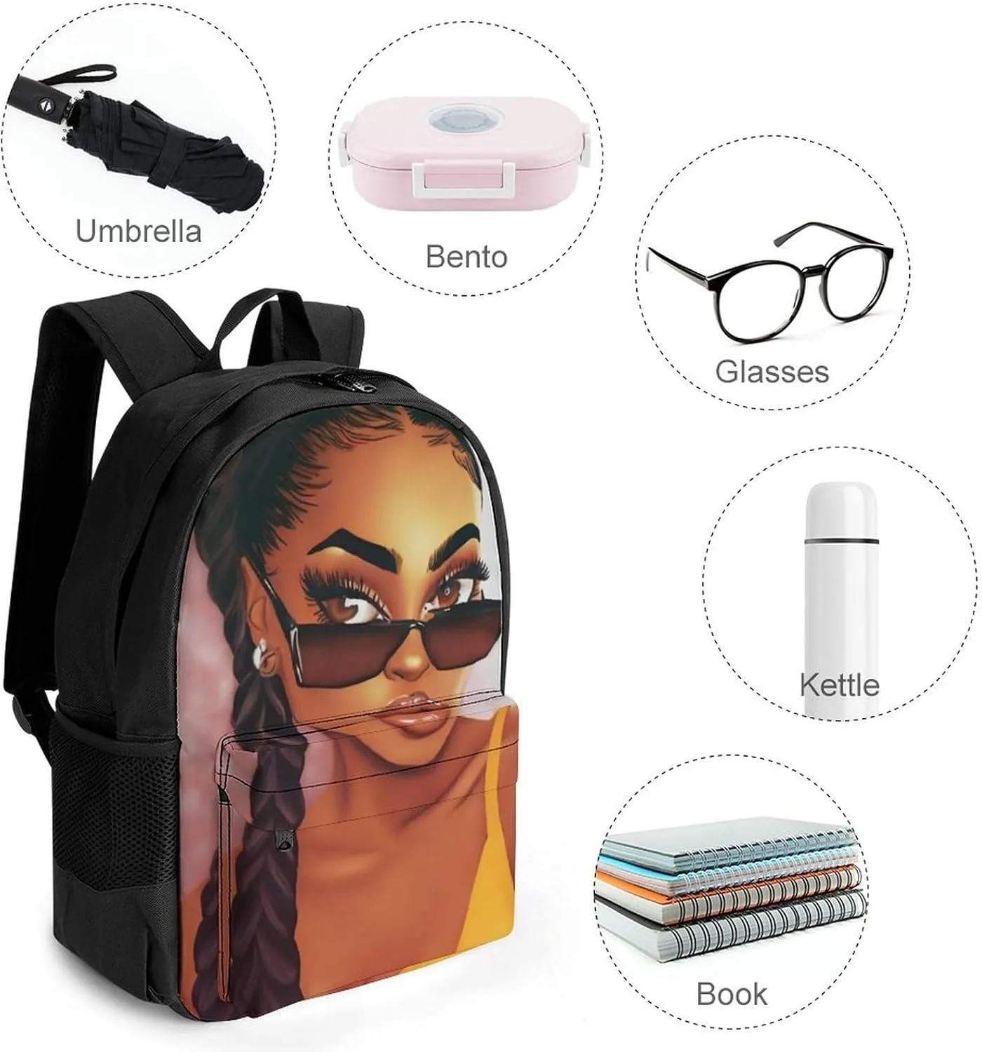 Men Women Lightweight Abstract Fashion Black Woman Art African American Women Art Daypack Bookbag Big Capacity Carry On Bag With Side Pockets for Camping Travel Bicycle