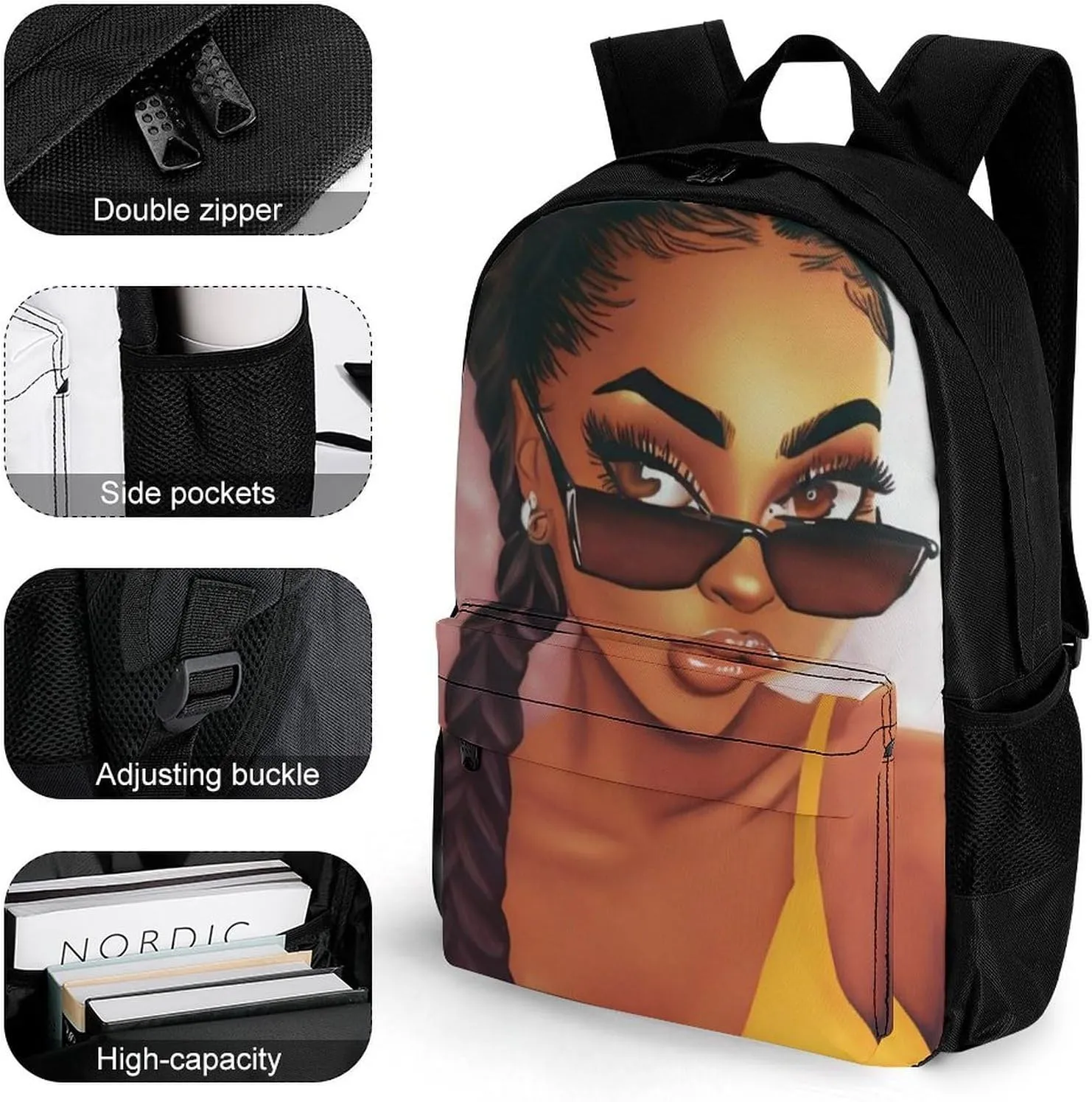 Men Women Lightweight Abstract Fashion Black Woman Art African American Women Art Daypack Bookbag Big Capacity Carry On Bag With Side Pockets for Camping Travel Bicycle