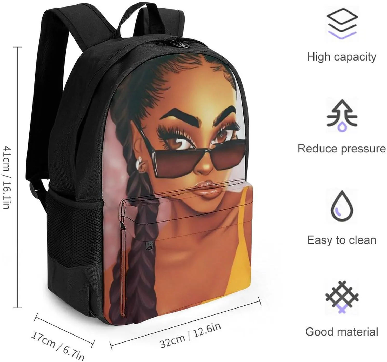 Men Women Lightweight Abstract Fashion Black Woman Art African American Women Art Daypack Bookbag Big Capacity Carry On Bag With Side Pockets for Camping Travel Bicycle
