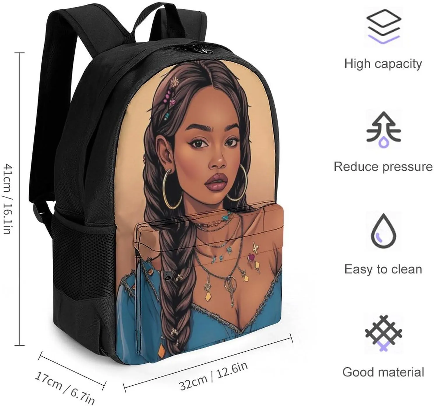 Men Women Lightweight African American Black Woman Woman Painting Art Backpack Large Capacity Bookbag With Smooth Zippers for Gym Business Running