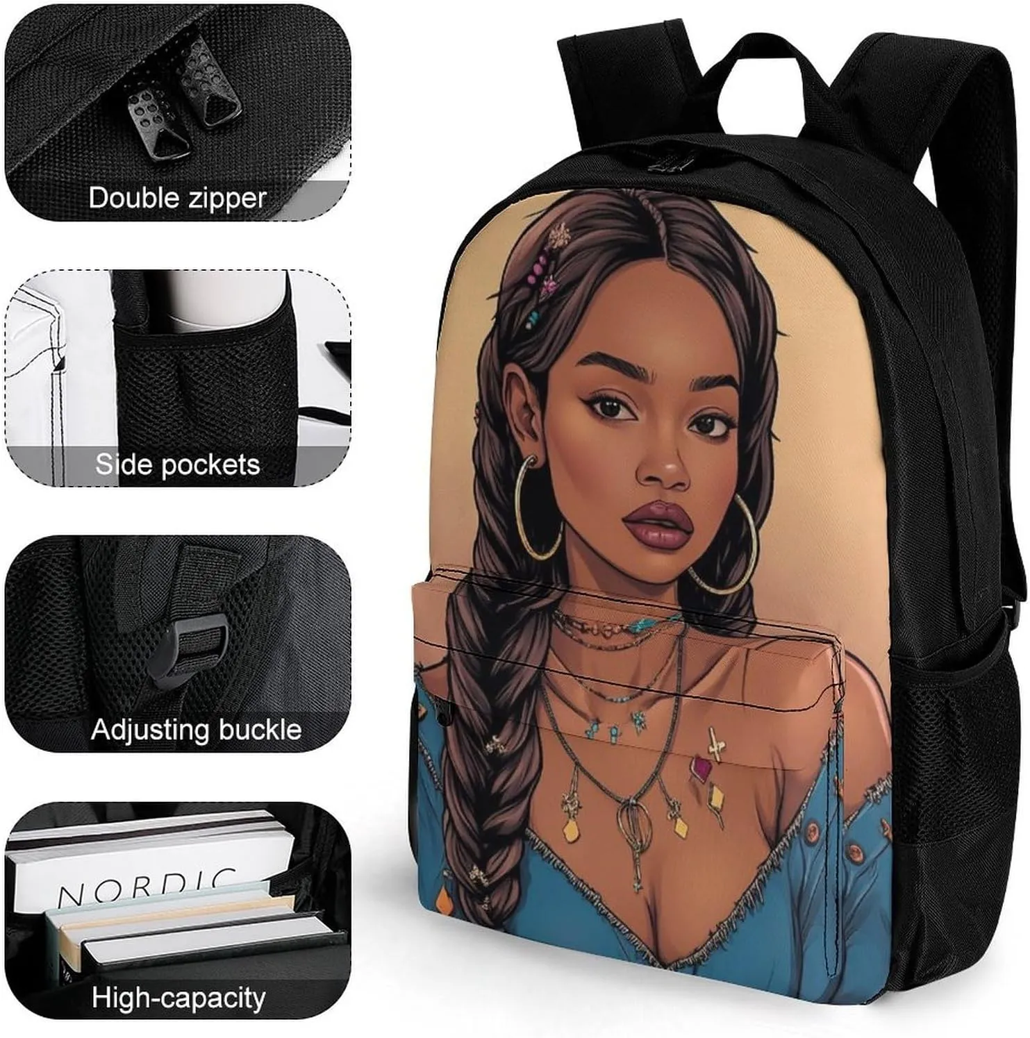 Men Women Lightweight African American Black Woman Woman Painting Art Backpack Large Capacity Bookbag With Smooth Zippers for Gym Business Running
