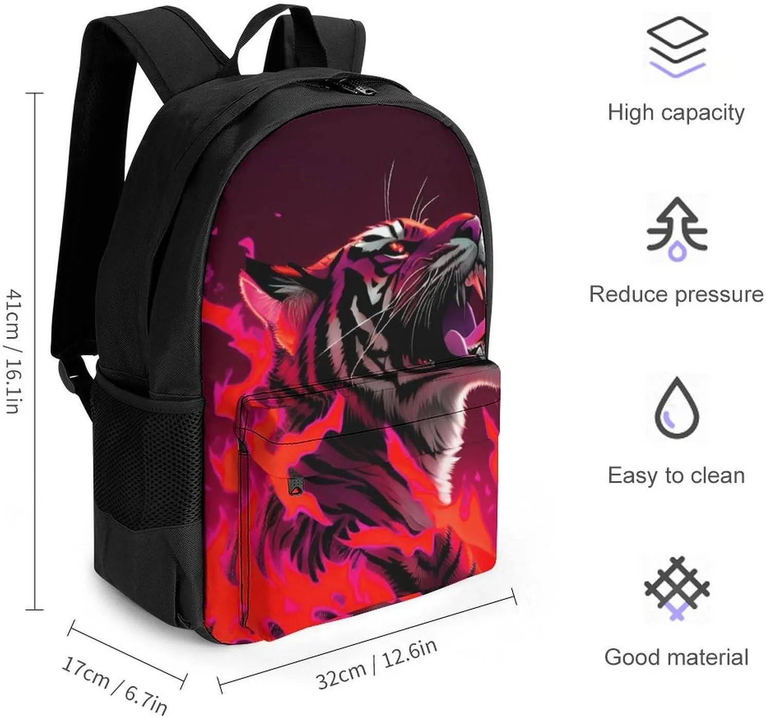 Men Women Lightweight Animal Angry Red Fire Flame Tiger Art Backpack Large Capacity Bookbag With Smooth Zippers for Gym Business Running