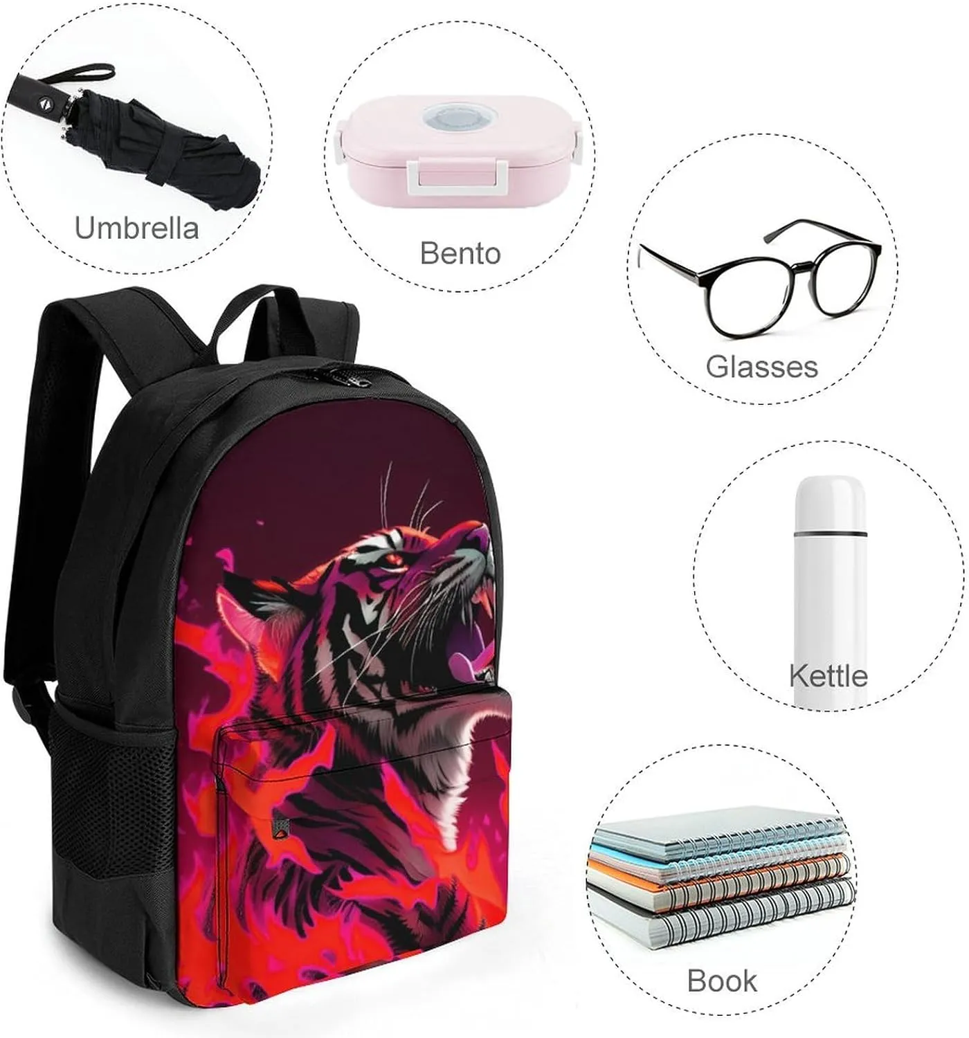Men Women Lightweight Animal Angry Red Fire Flame Tiger Art Backpack Large Capacity Bookbag With Smooth Zippers for Gym Business Running