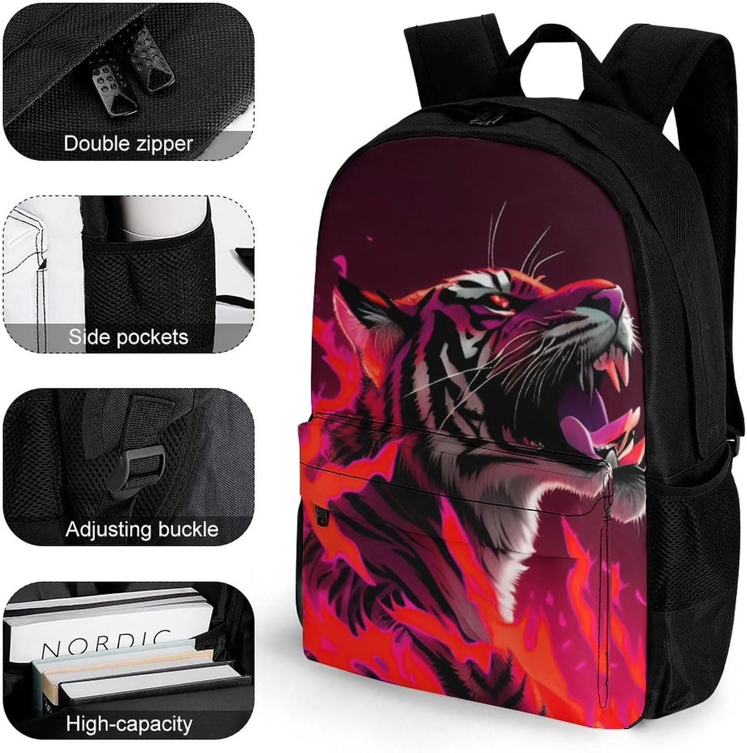 Men Women Lightweight Animal Angry Red Fire Flame Tiger Art Backpack Large Capacity Bookbag With Smooth Zippers for Gym Business Running