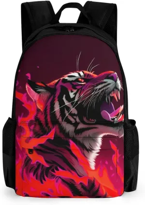 Men Women Lightweight Animal Angry Red Fire Flame Tiger Art Backpack Large Capacity Bookbag With Smooth Zippers for Gym Business Running