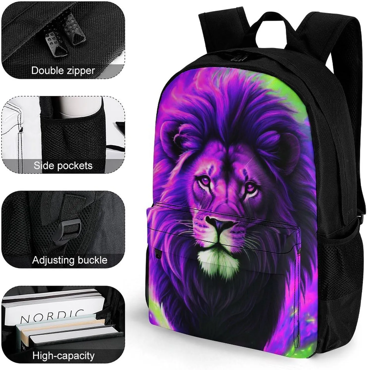 Men Women Lightweight Cool Lion In The Universe Surreal Style Art Backpack Large Capacity Bookbag With Smooth Zippers for Gym Business Running