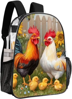 Men Women Lightweight Garden Flowers Chicken Rooster Sunflowers Painting Casual Daypack Big Capacity Bookbag Transparent Bag for Gym Travel Walking Cycling